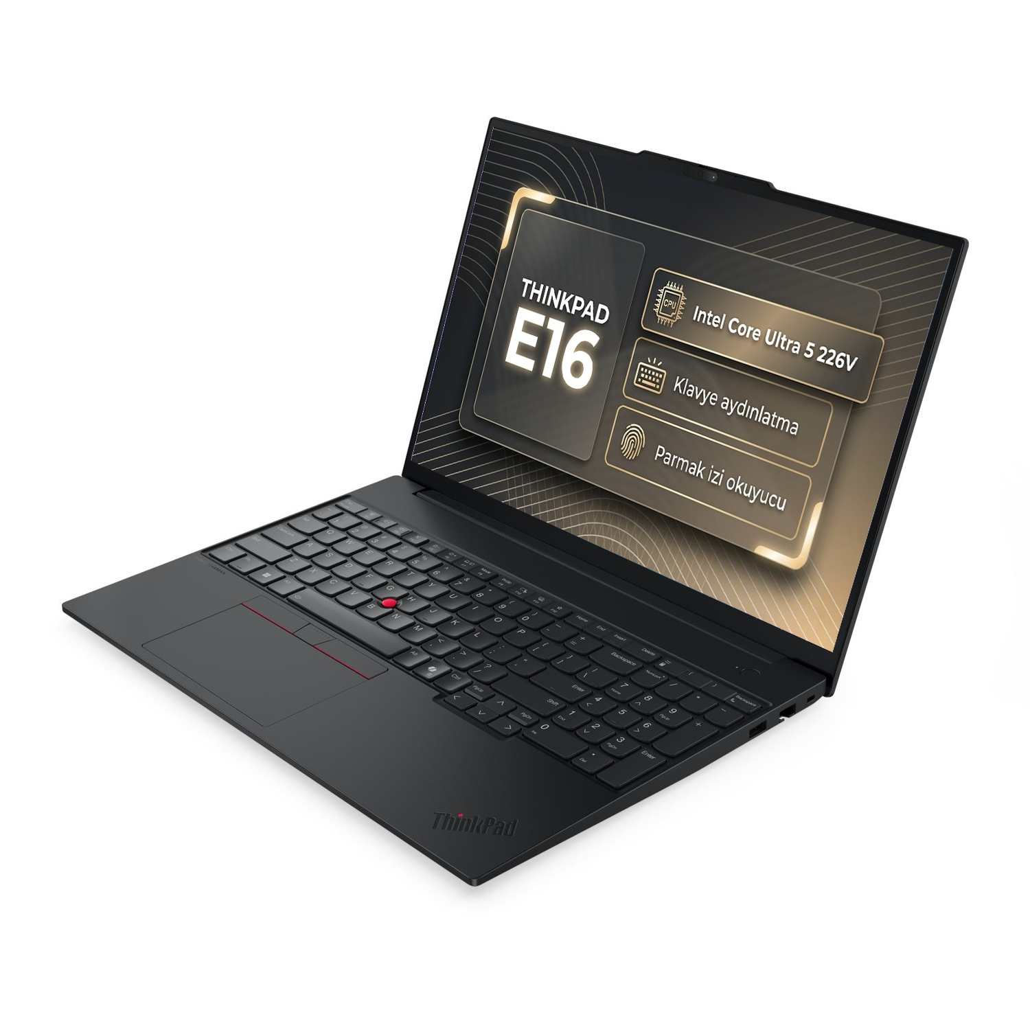 Beyaz bir yüzeyde açık olan siyah ThinkPad E16 dizüstü bilgisayar, ekranında özellikler gösteriyor.