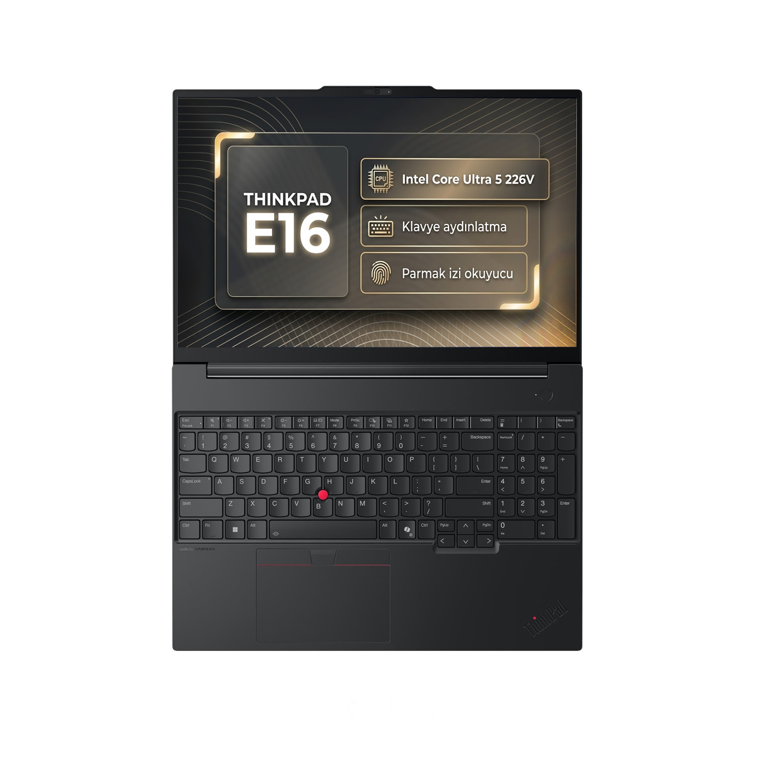 ThinkPad E16 dizüstü bilgisayar ekranda tanıtım metni, siyah klavye düzeni ve altta bir izleme dörtgeni gösterir.