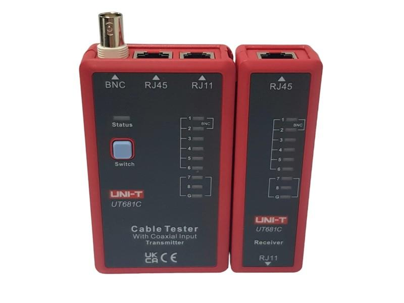 Verici ve alıcı üniteli kırmızı ve gri UNI-T UT681C kablo test cihazı.