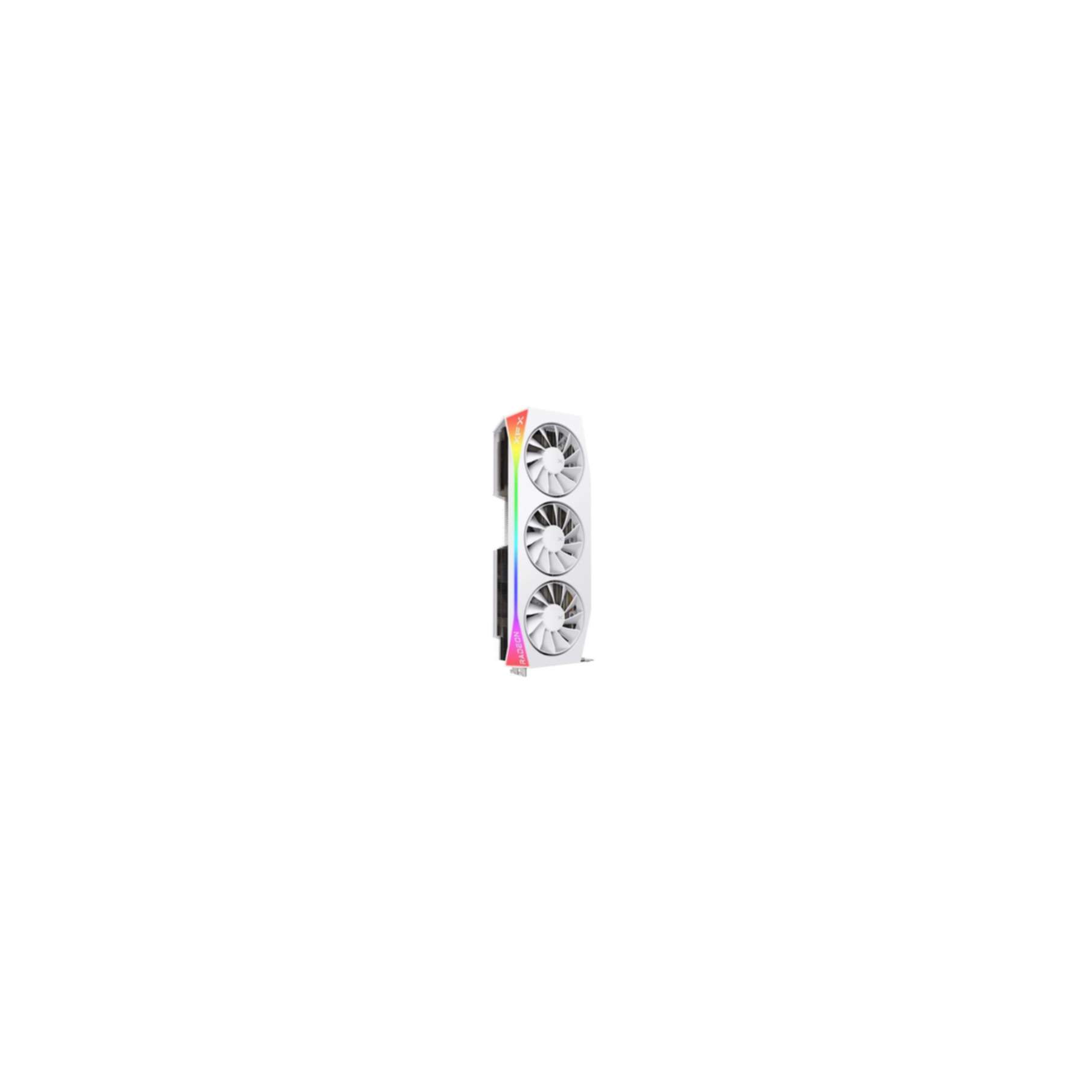 Una scheda grafica bianca XFX Radeon con tre ventole e dettagli colorati su sfondo bianco.