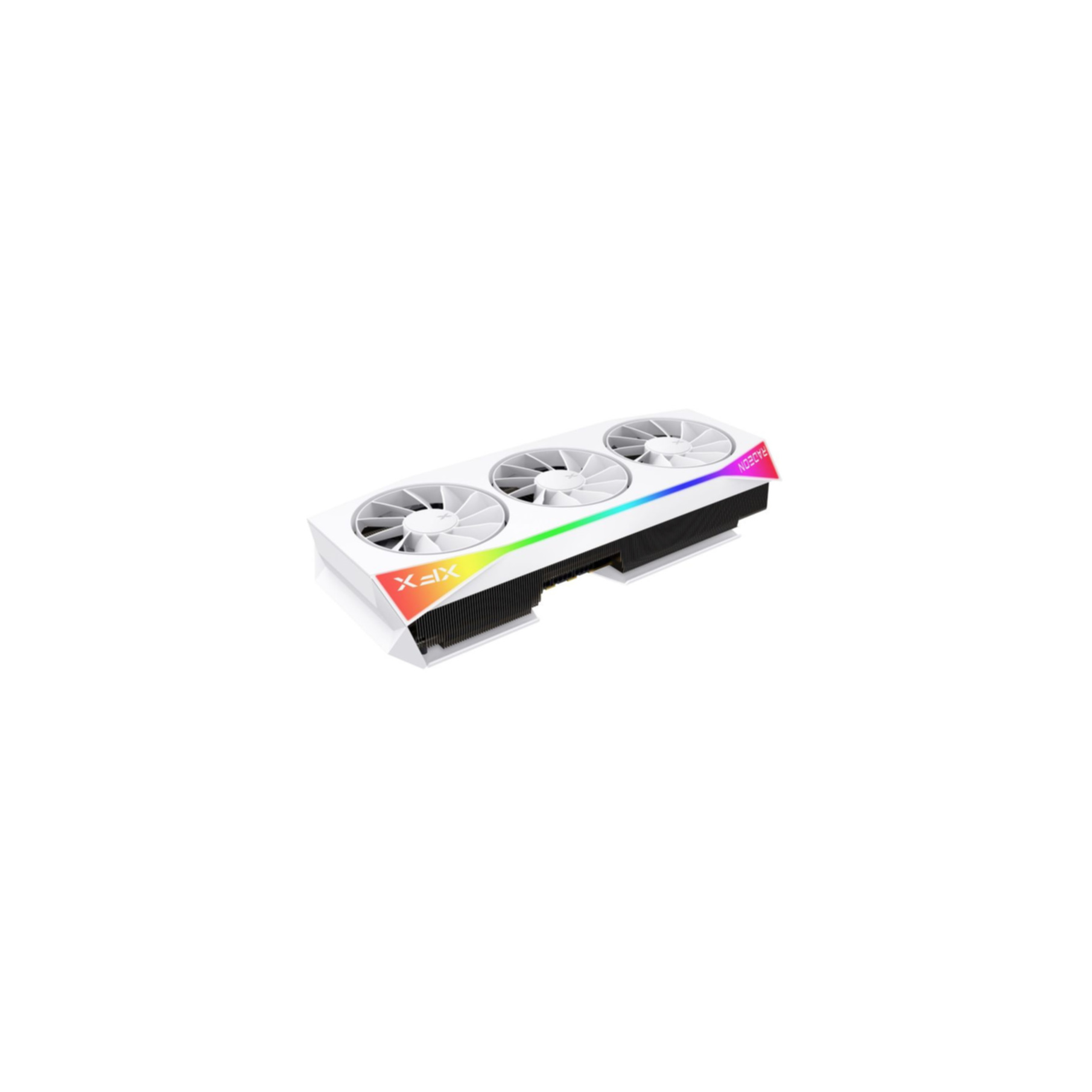 Una scheda grafica bianca con tre ventole e una striscia RGB colorata su sfondo bianco.