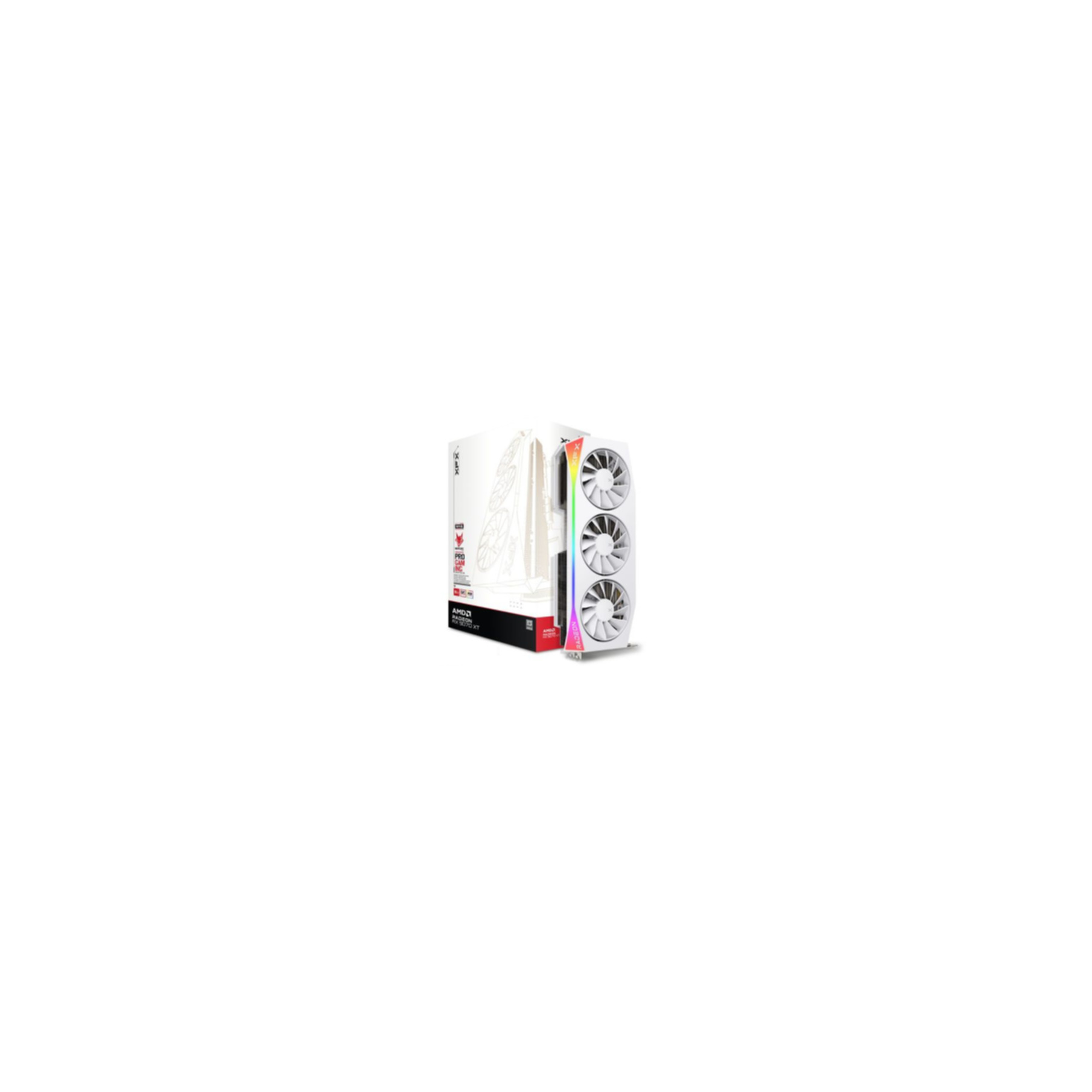 Scheda grafica XFX bianca con tre ventole e illuminazione colorata, accanto alla sua confezione.