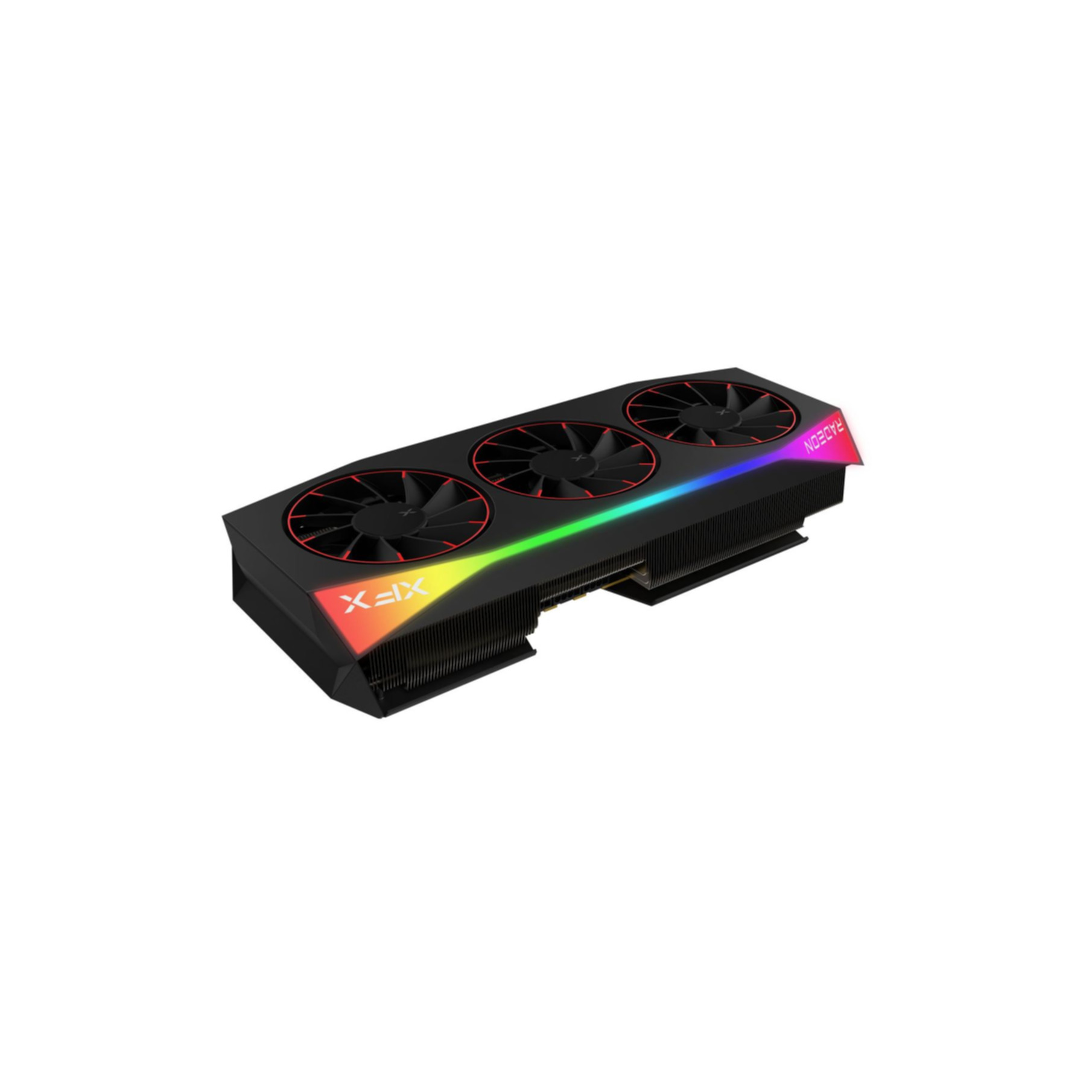 Una scheda grafica XFX nera con tre ventole e vivace illuminazione RGB su sfondo bianco.