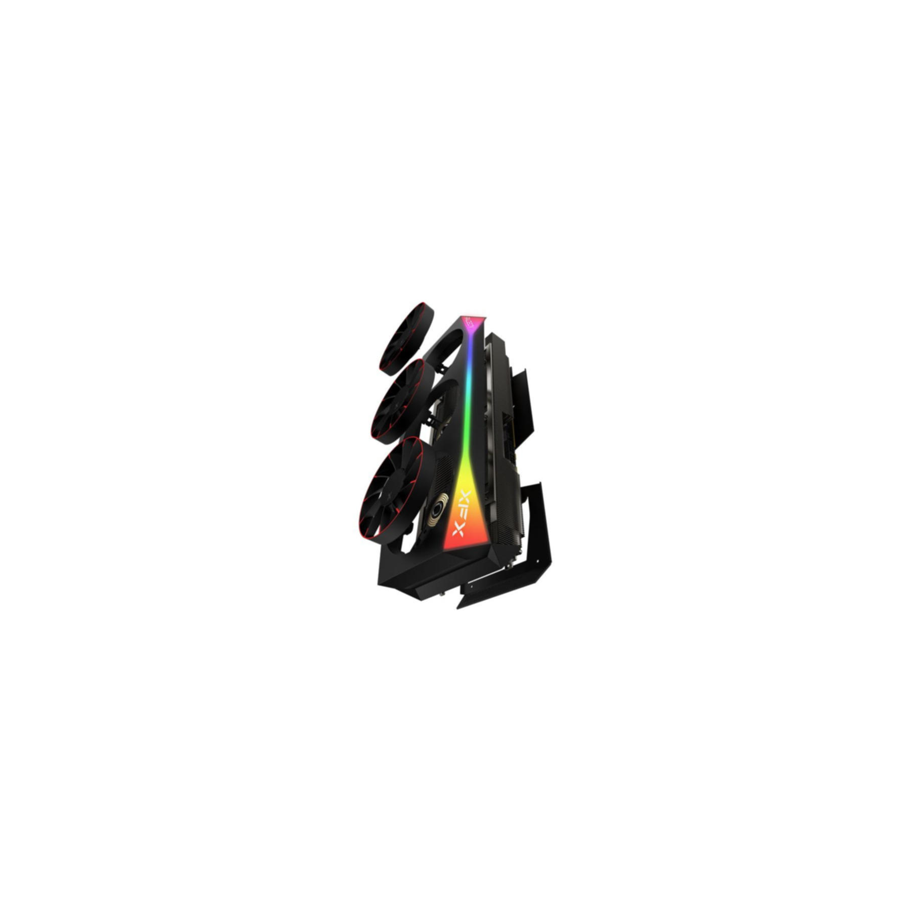 Una scheda grafica nera con tre ventole e colorata illuminazione RGB sul davanti su sfondo bianco.