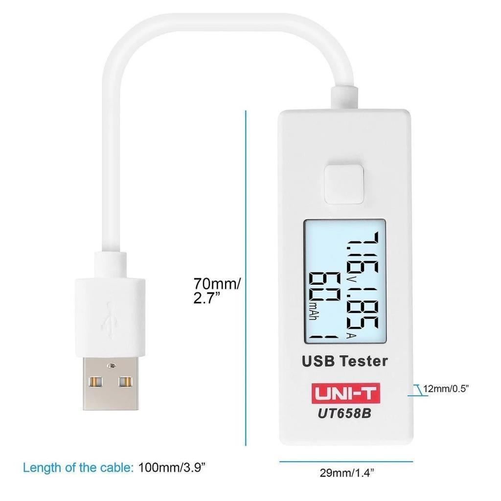 Ekranlı, kablolu ve ölçülü beyaz UNI-T UT658B USB test cihazı.