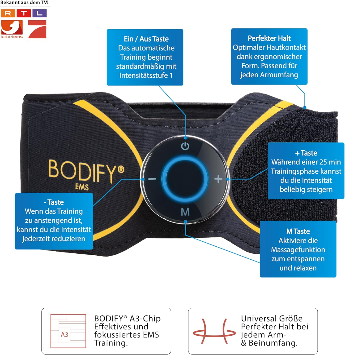 Fascia per braccio EMS Bodify con unità di controllo, dettagli gialli e box info.