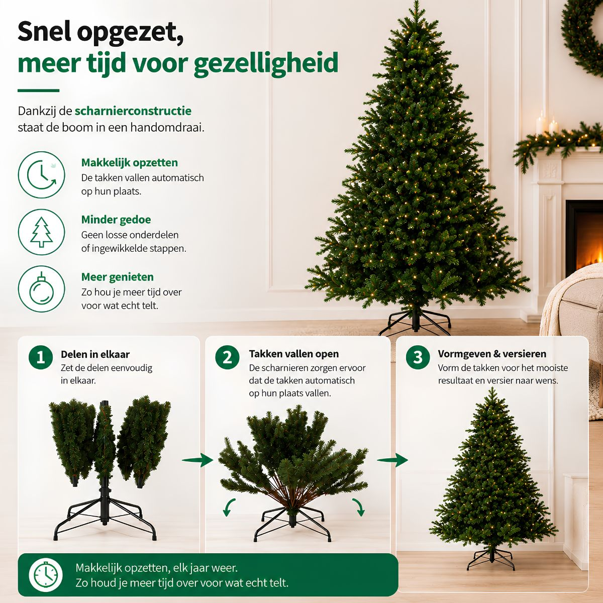 Instructie voor eenvoudige montage van een kunstkerstboom in drie stappen met Nederlandse promotietekst.