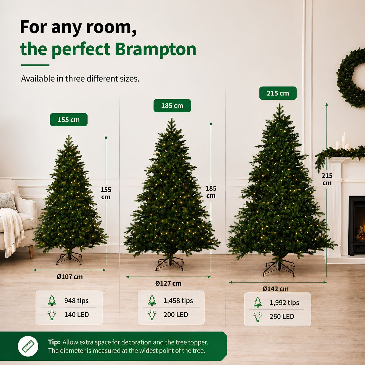 Drie Brampton kerstbomen van 155 cm, 185 cm en 215 cm met geïntegreerde LED-verlichting.