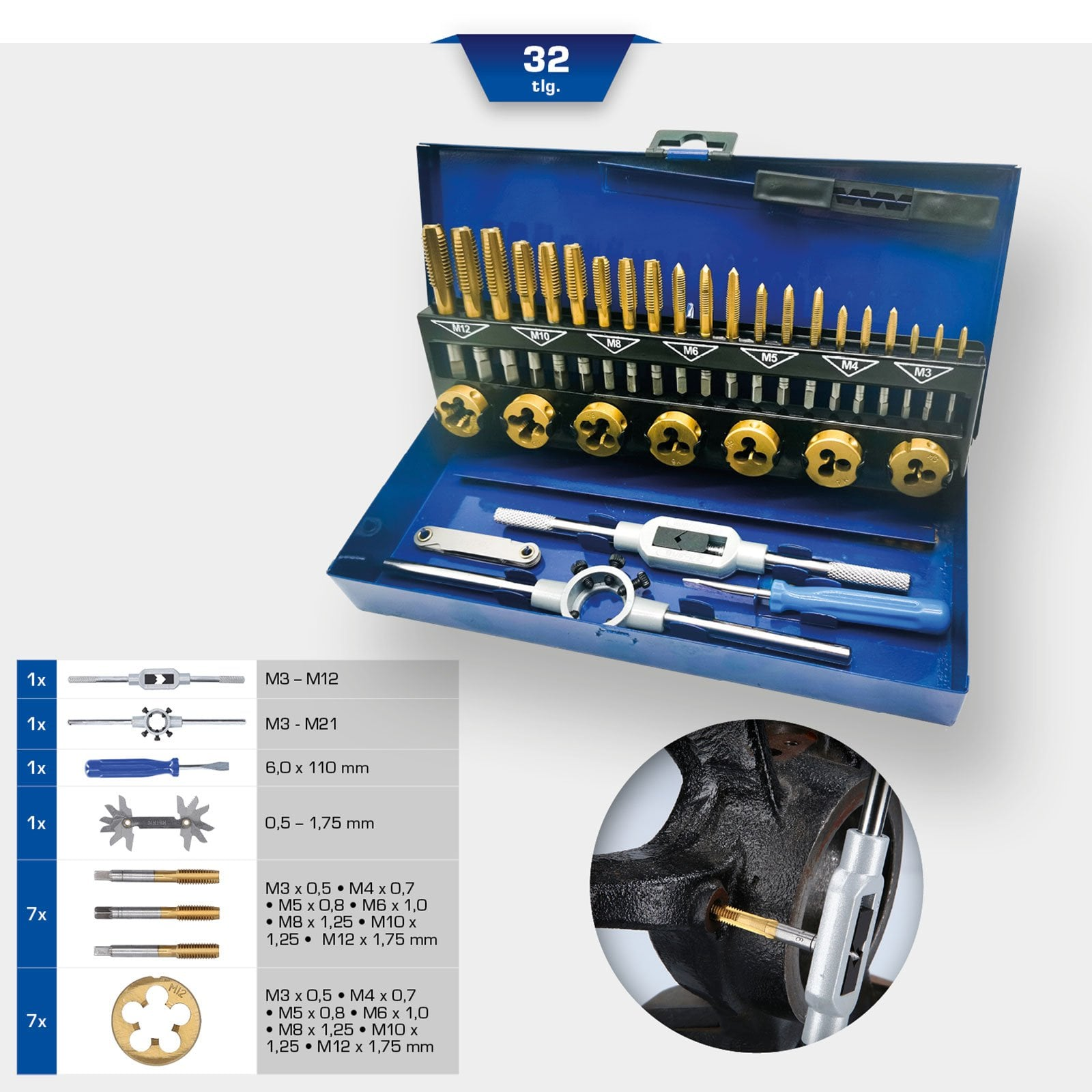 Ein blauer Metallkasten mit einem 32-teiligen Gewindeschneidwerkzeug-Set und einer Inset-Abbildung im Einsatz.