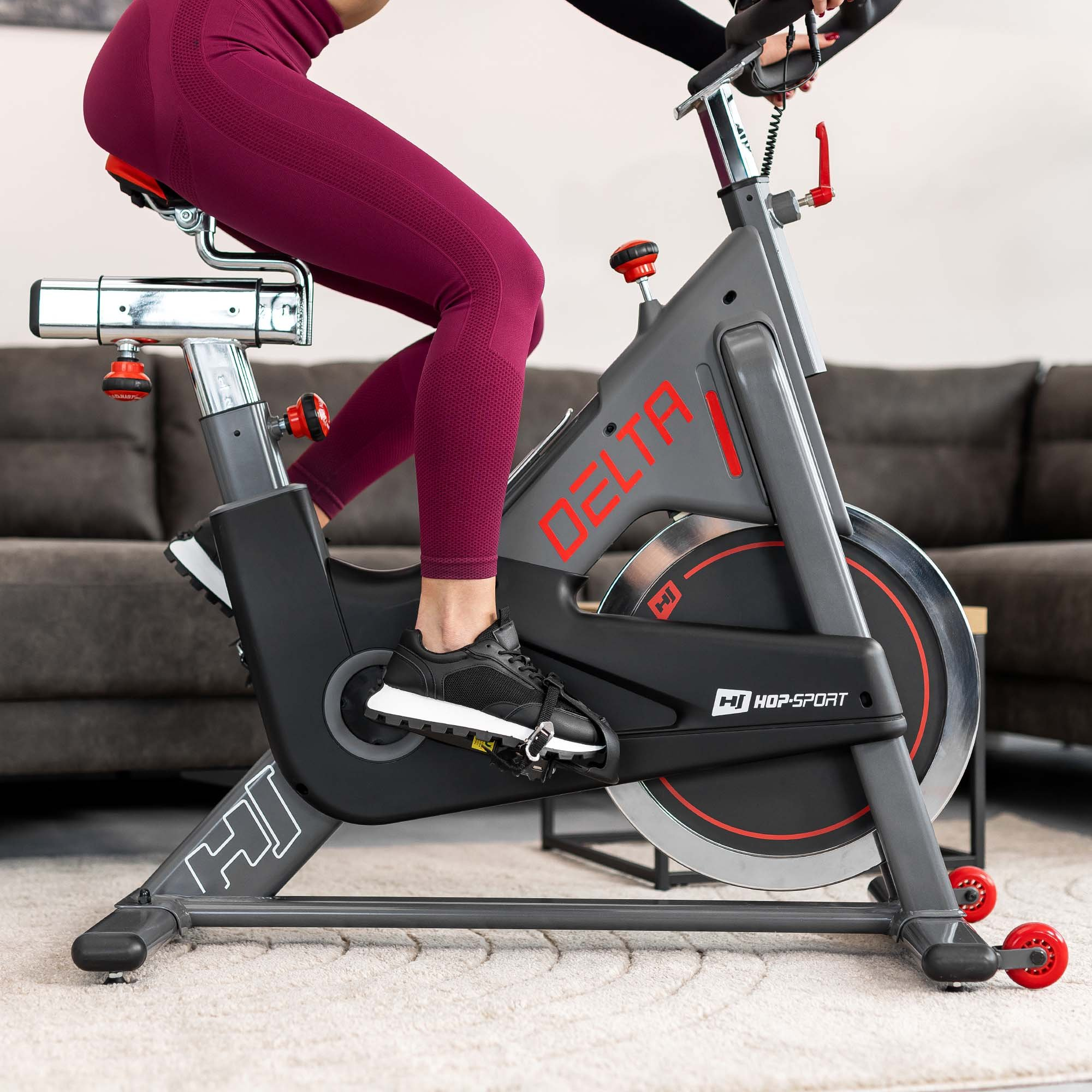 Person in weinroten Leggings sitzt auf einem grauen Delta-Heimtrainer und trainiert im Wohnzimmer.