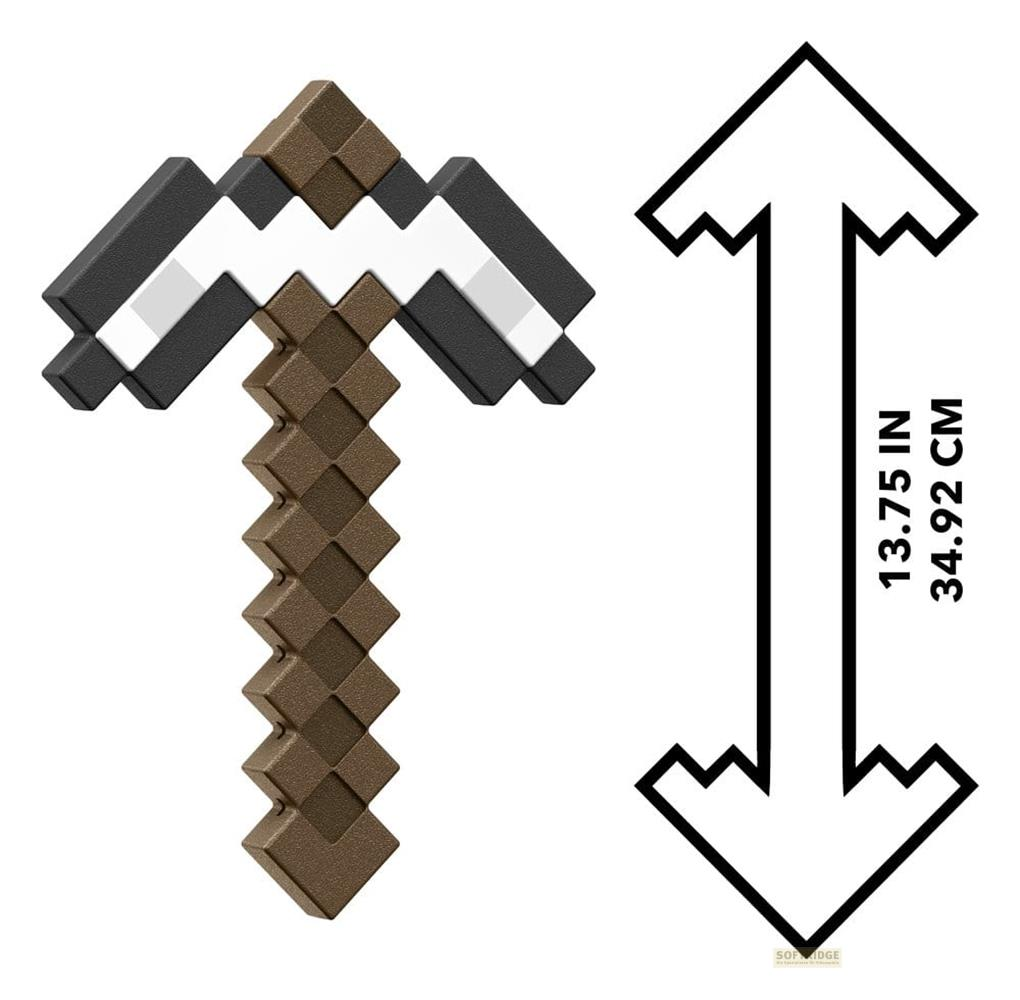 Ein Minecraft-Eisenspitzhacken-Spielzeug mit Maßdiagramm, das eine Länge von 34,92 cm zeigt.