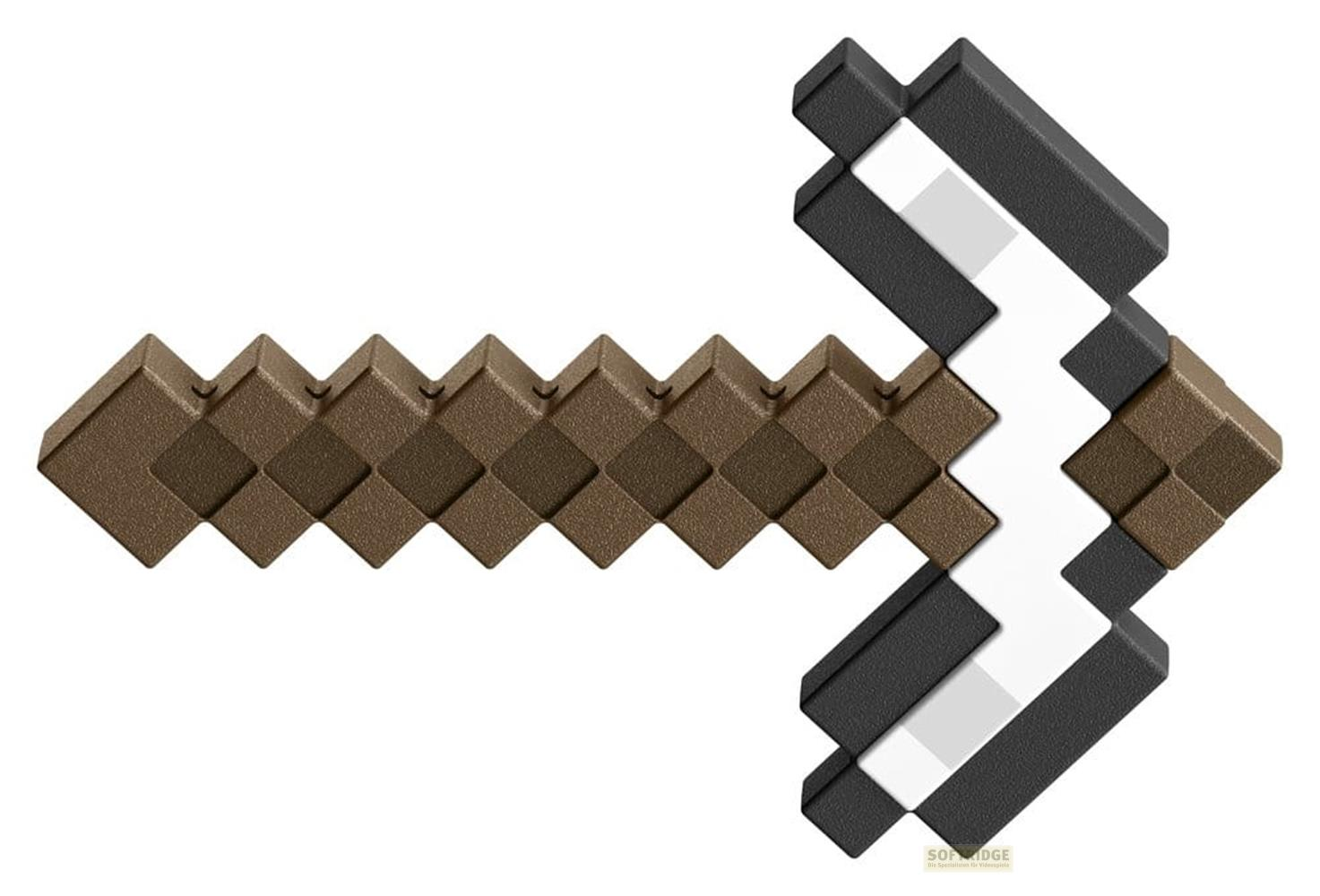 Eine pixelige Spielzeugspitzhacke aus braunen, weißen und schwarzen Blöcken, ähnlich einem Videospiel-Werkzeug.