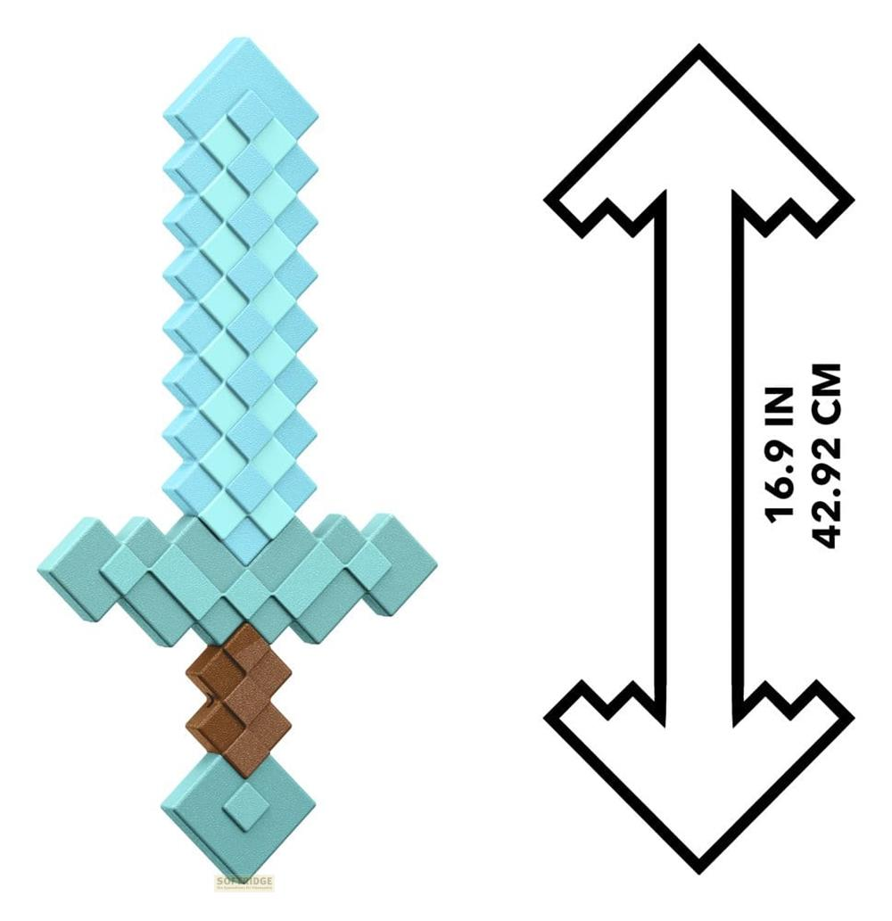 Espada de diamante de Minecraft con dimensiones de 16.9 pulgadas y 42.92 cm.