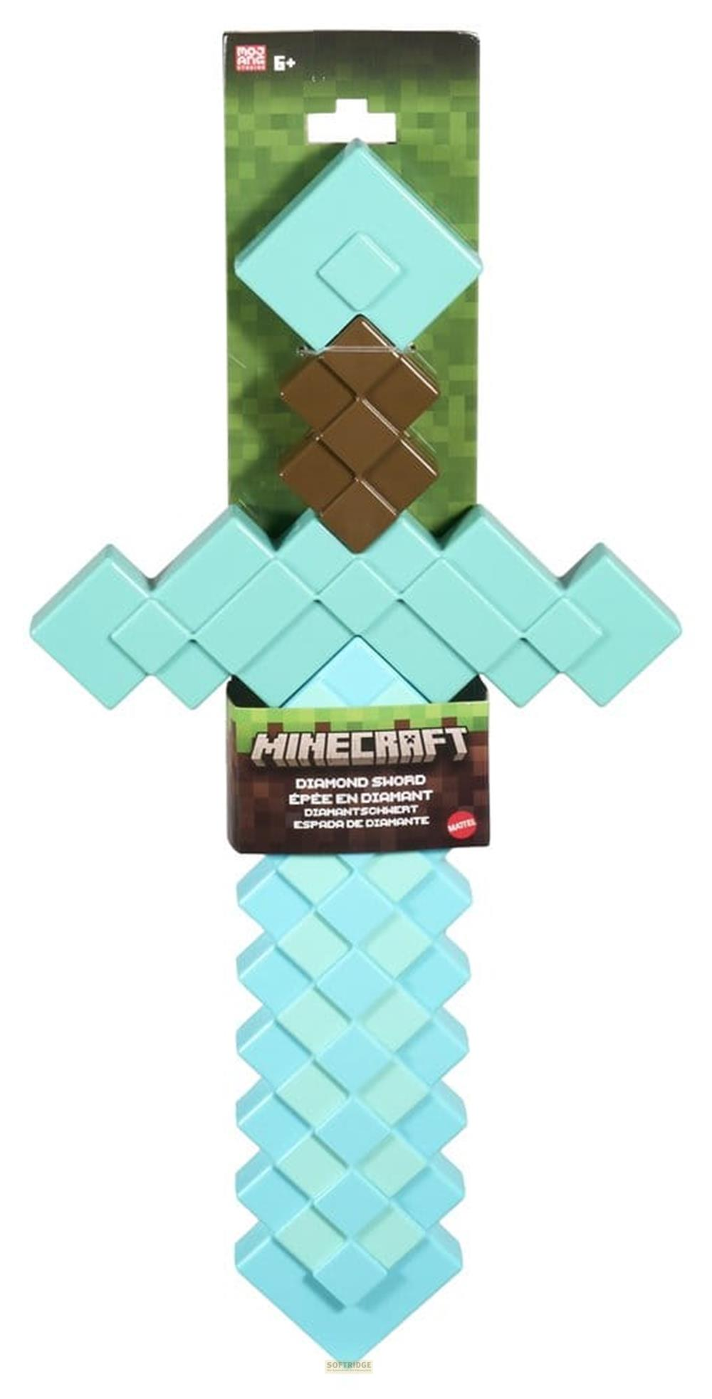 Espada de diamante de Minecraft en su empaque original con mango marrón y hoja pixelada.