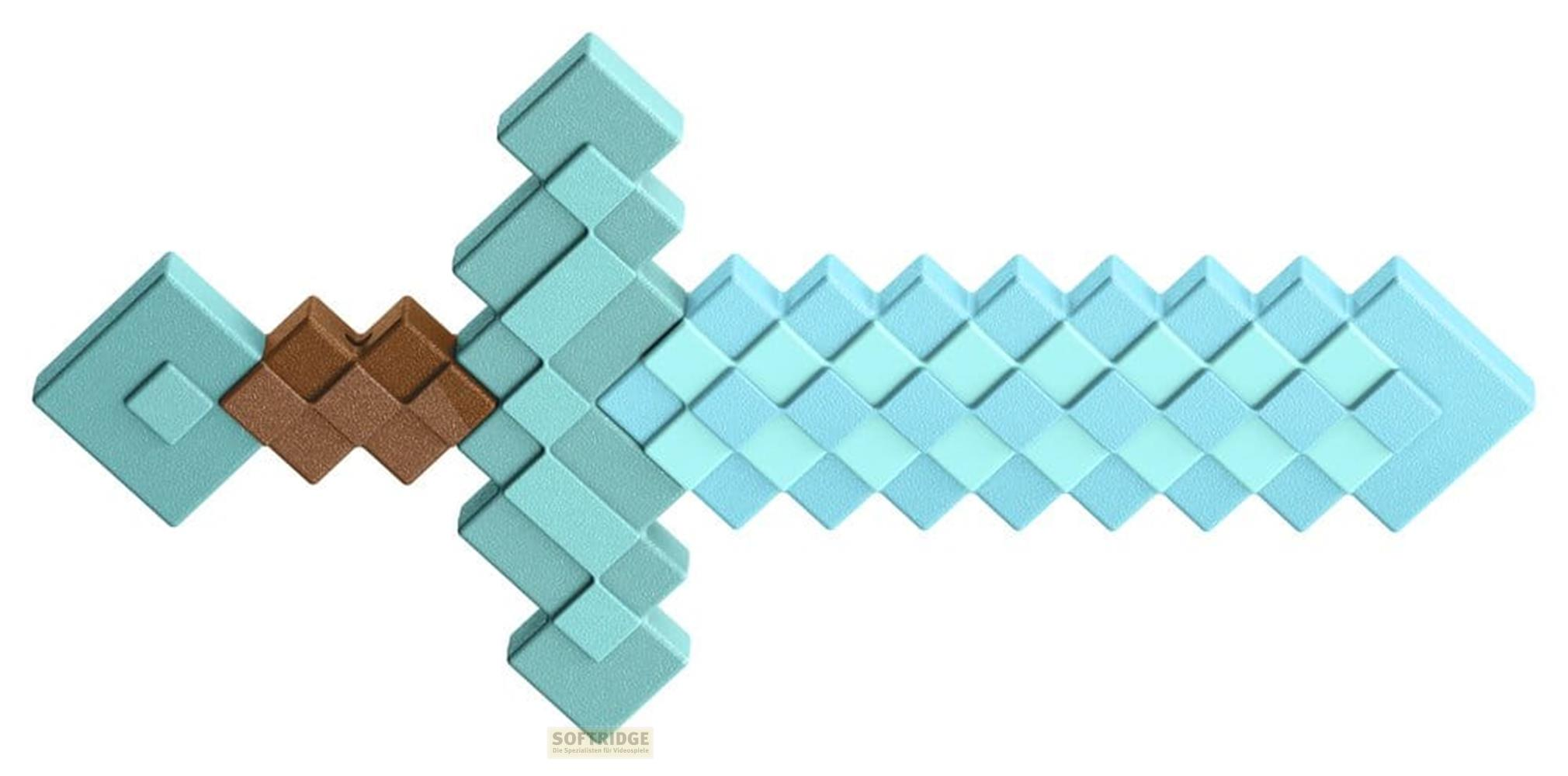 Una espada de juguete pixelada con hoja azul claro y empuñadura marrón sobre fondo blanco.