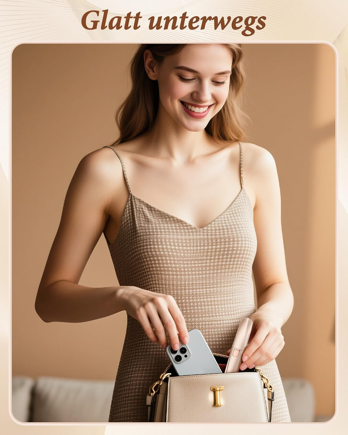 Eine lächelnde Frau in einem beigen Kleid steckt ein Smartphone in ihre kleine Handtasche.