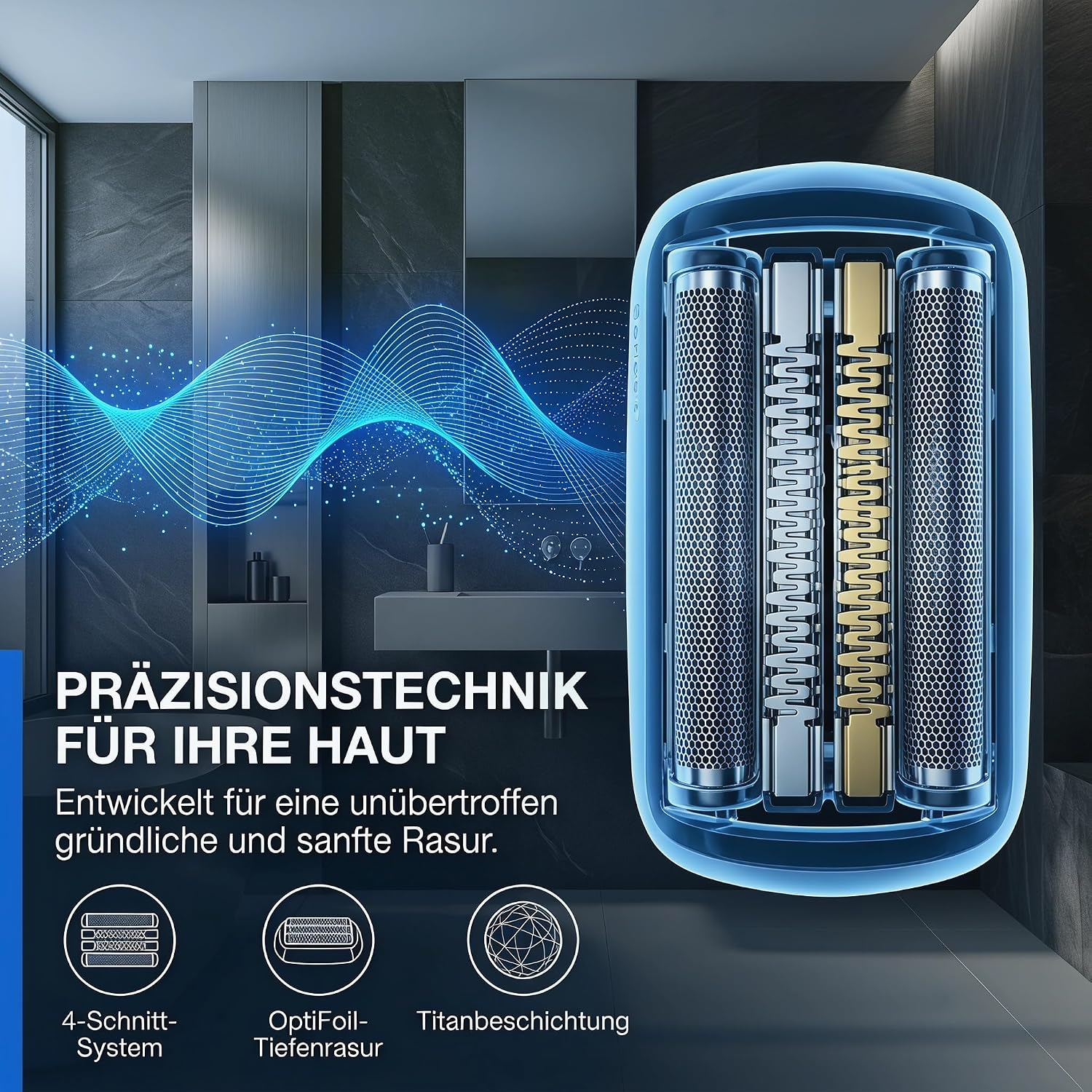 Rasierkopf mit vier präzisen Klingen und deutscher Textwerbung vor einem dunklen Badezimmer.