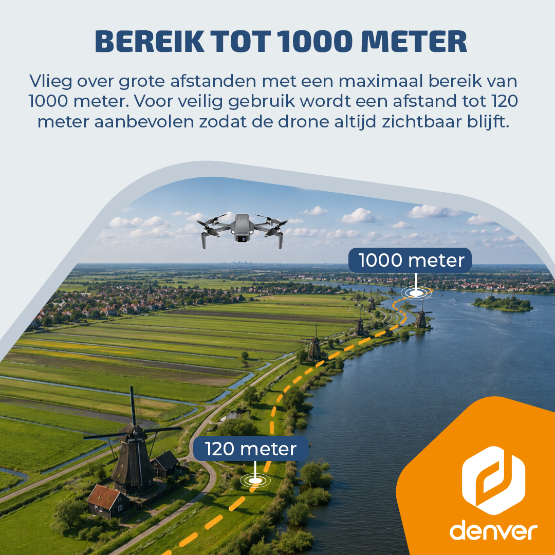 A drone flies over a flat landscape with windmills and a river, showing distance markers for 120m and 1000m.