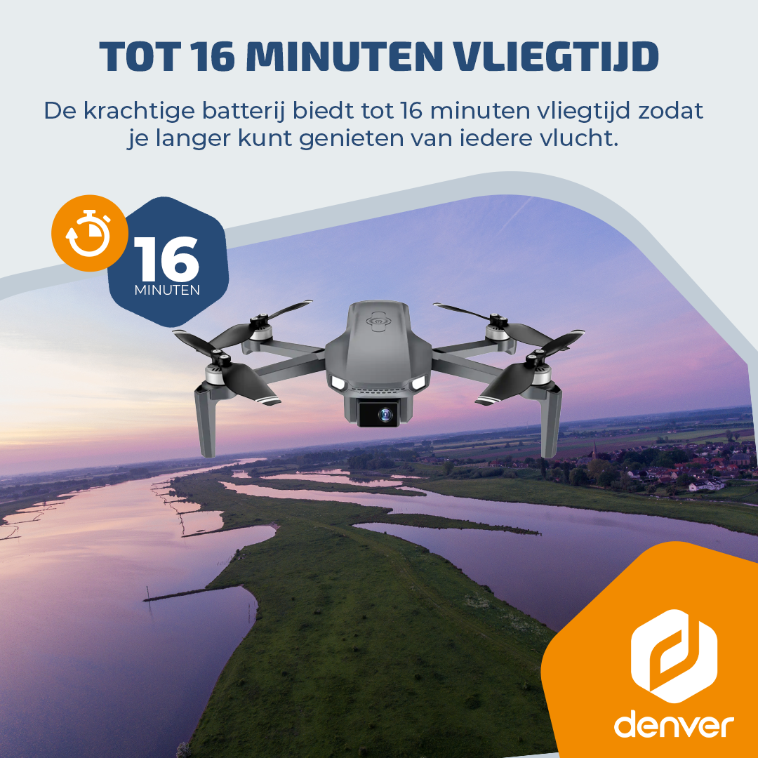 A gray drone flies over a flat landscape with a river at sunset. Text mentions 16 minutes flight time.