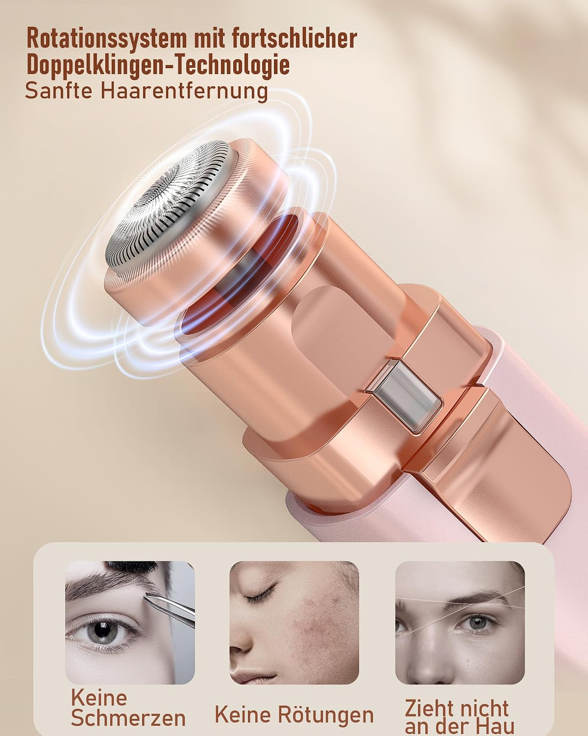 Ein rot-goldener Haarentferner mit Doppelblatt-Technologie und drei Beispielfotos unten.