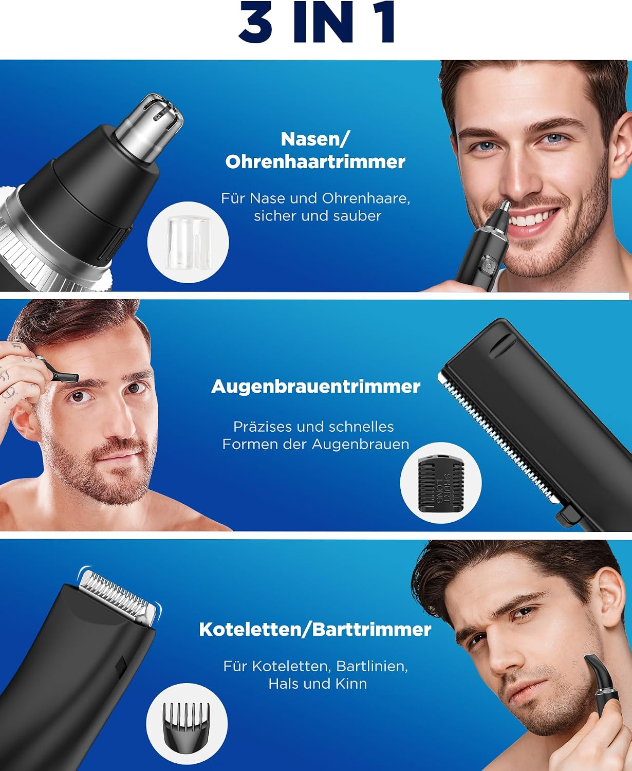 Produktwerbung für einen 3-in-1-Trimmer für Nasenhaare, Augenbrauen und Koteletten mit Anwendungsbildern.