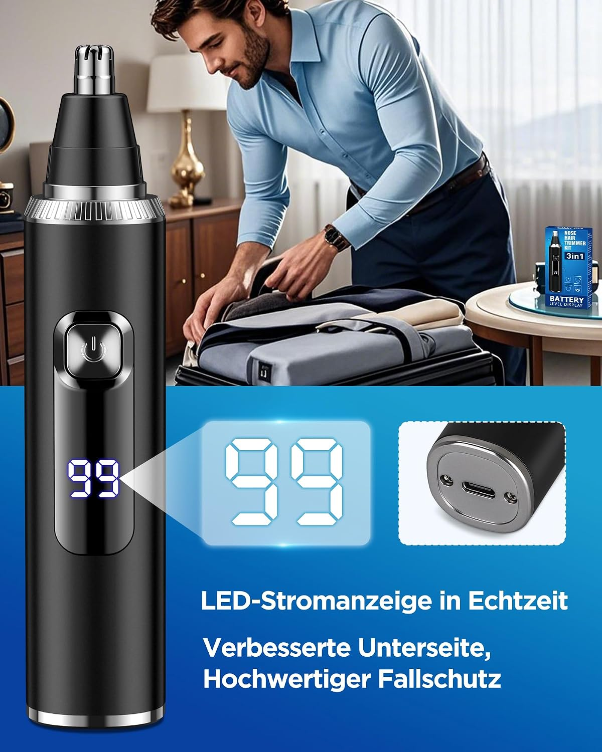 Ein schwarzer Nasenhaartrimmer mit LED-Display 99, USB-C-Anschluss und einem Mann, der im Hintergrund einen Koffer packt.