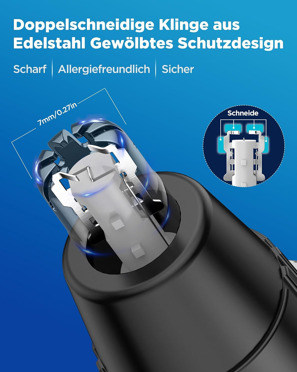 Nahaufnahme einer Edelstahl-Nasenhaarschneidemaschine mit gebogenem Schutzdesign auf blauem Hintergrund.