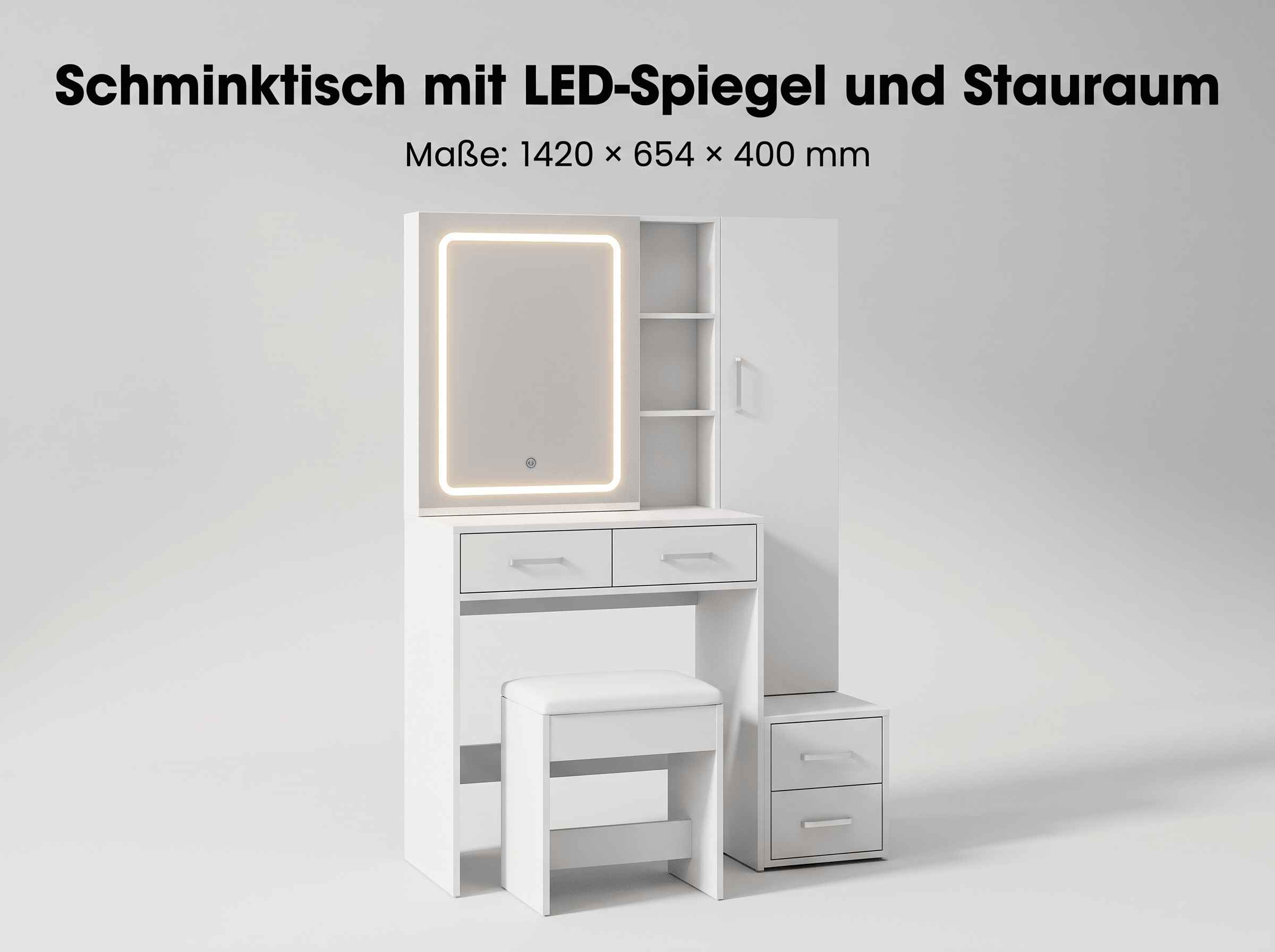 Weißer Schminktisch mit LED-Spiegel, Staufächern, Schrank und gepolstertem Hocker.