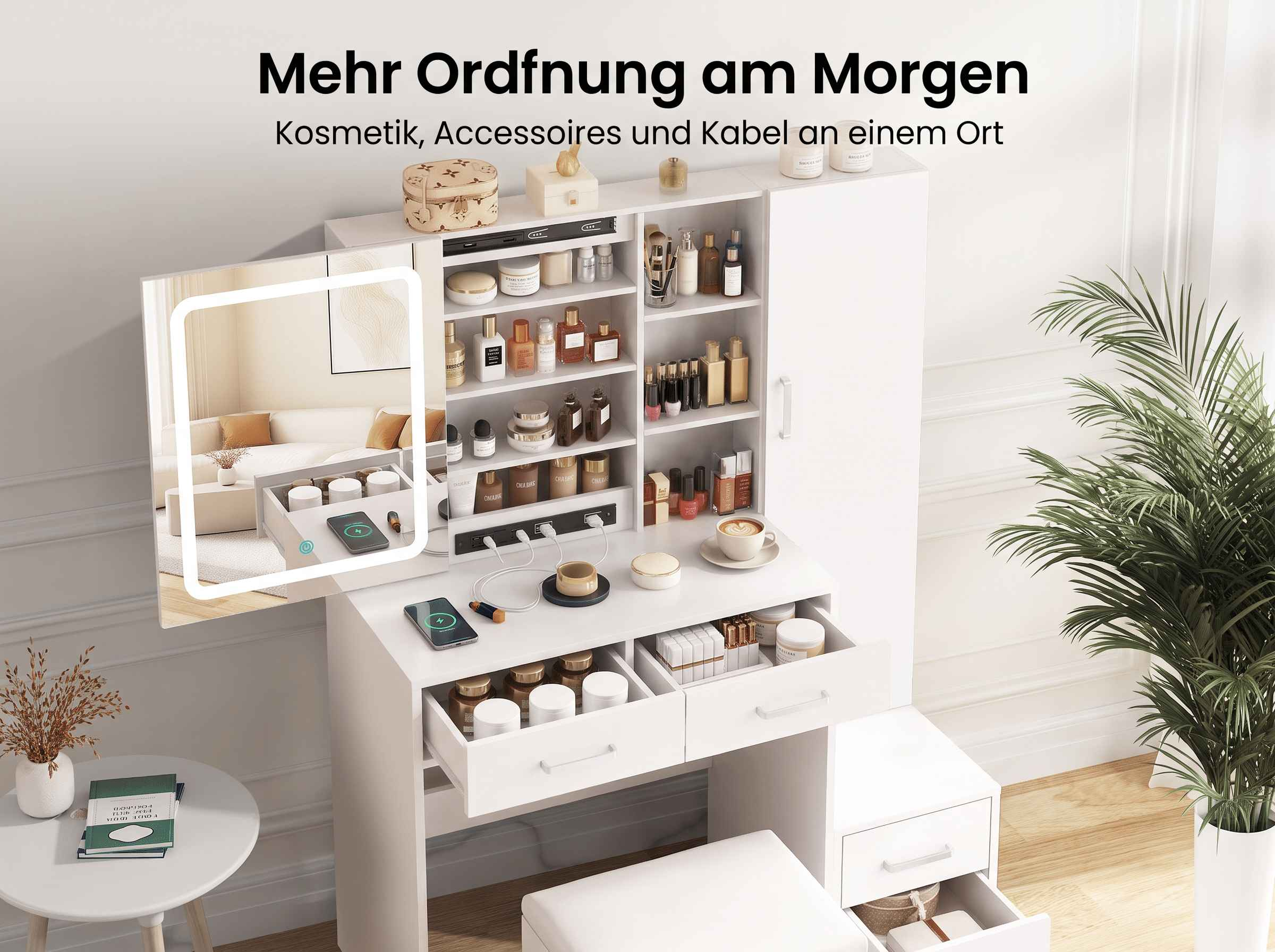 Weißer Schminktisch mit beleuchtetem Spiegel, Regalen, Schubladen und Ladekabelfach in einem hellen Raum.
