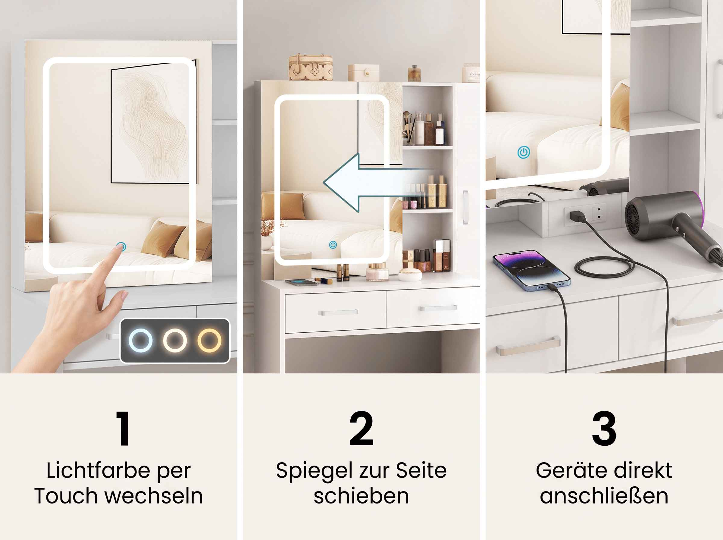 Drei Paneele zeigen Schminktisch-Funktionen: Touch-Lichtsteuerung, Schiebespiegel und integrierte Steckdosen.