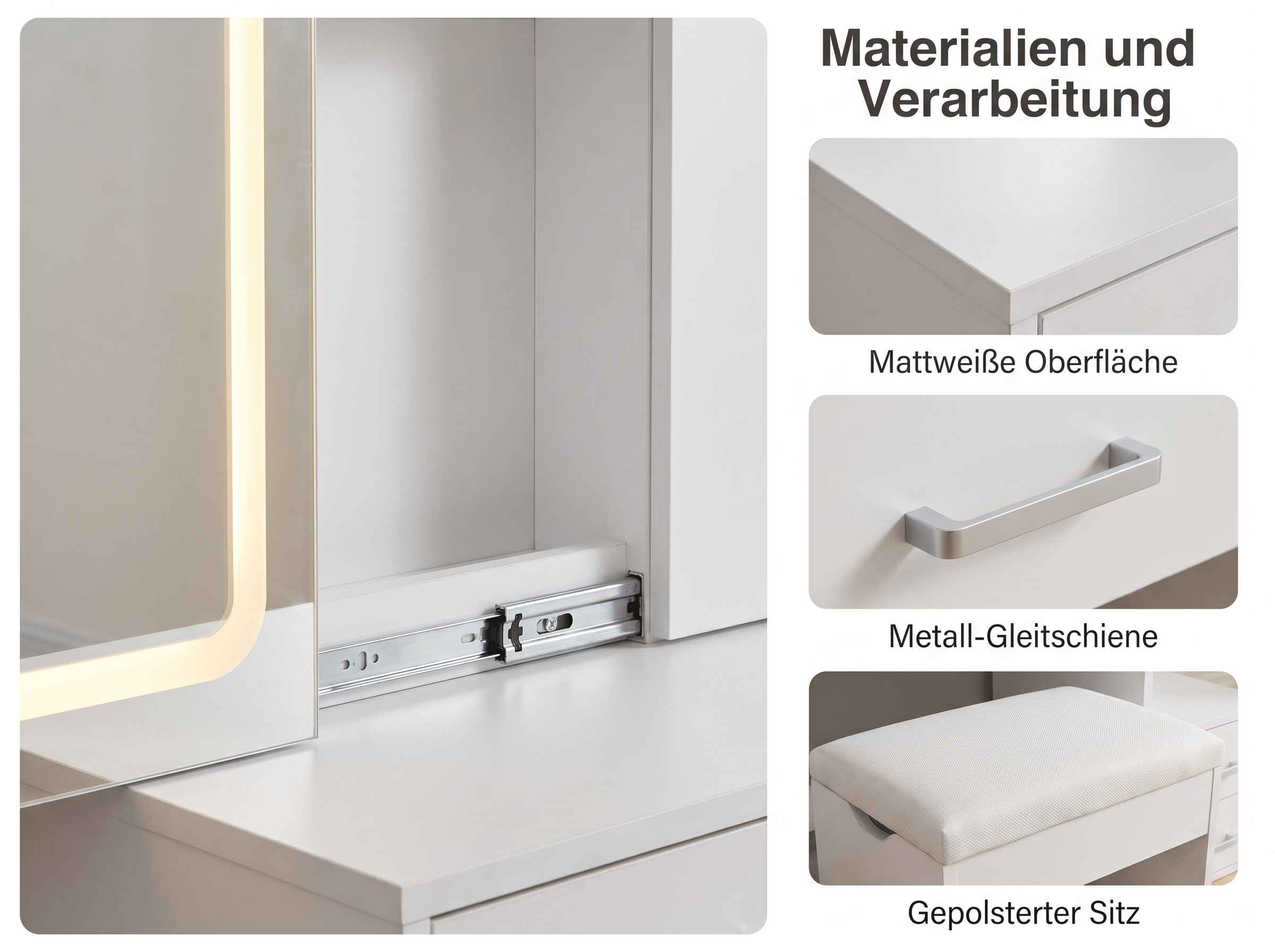 Details zu Materialien: matte Oberfläche, Metallgleitschiene und gepolsterter Sitz.