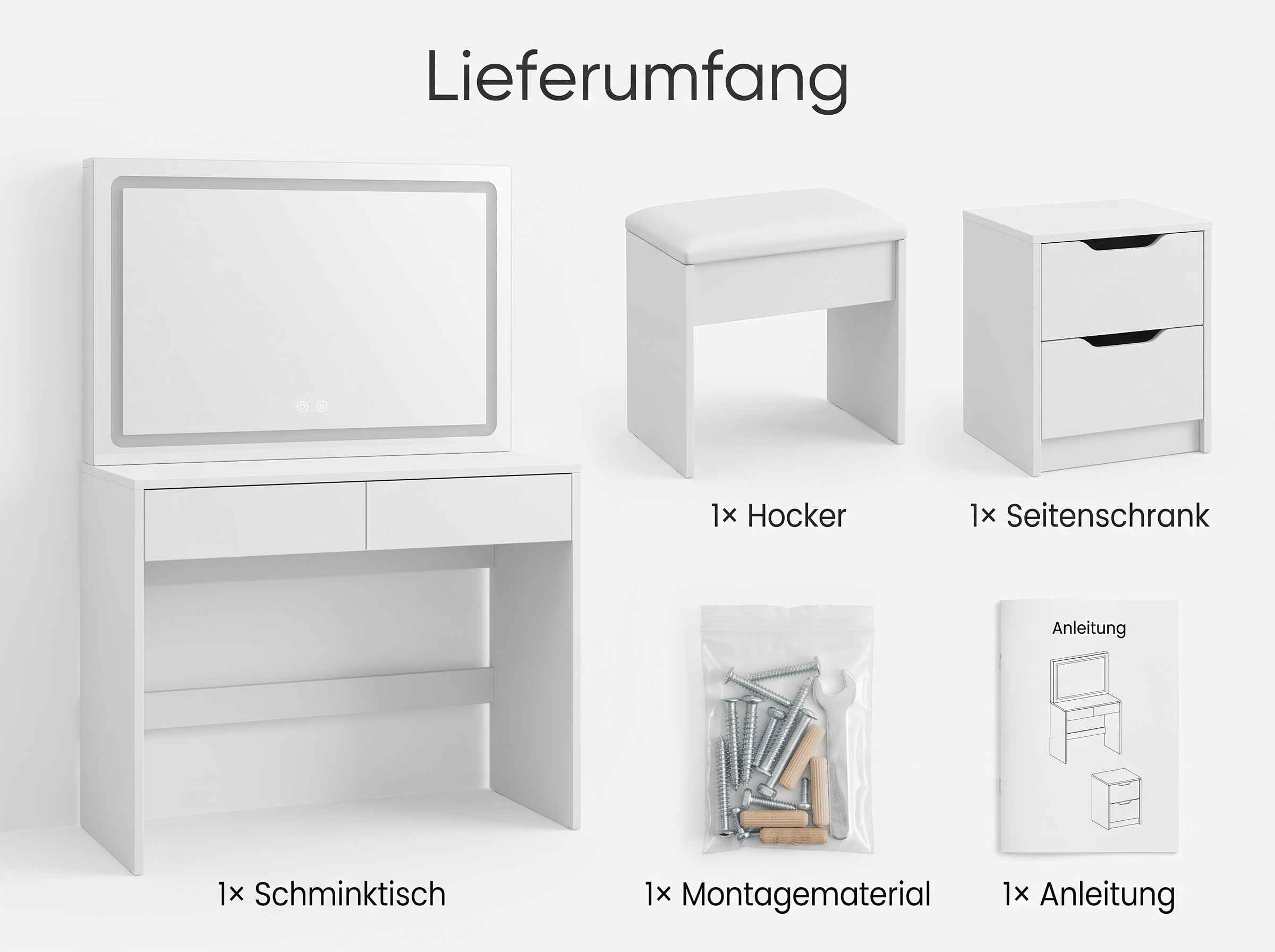 Lieferumfang eines weißen Schminktischsets mit Tisch, Hocker, Schrank, Schrauben und Anleitung.