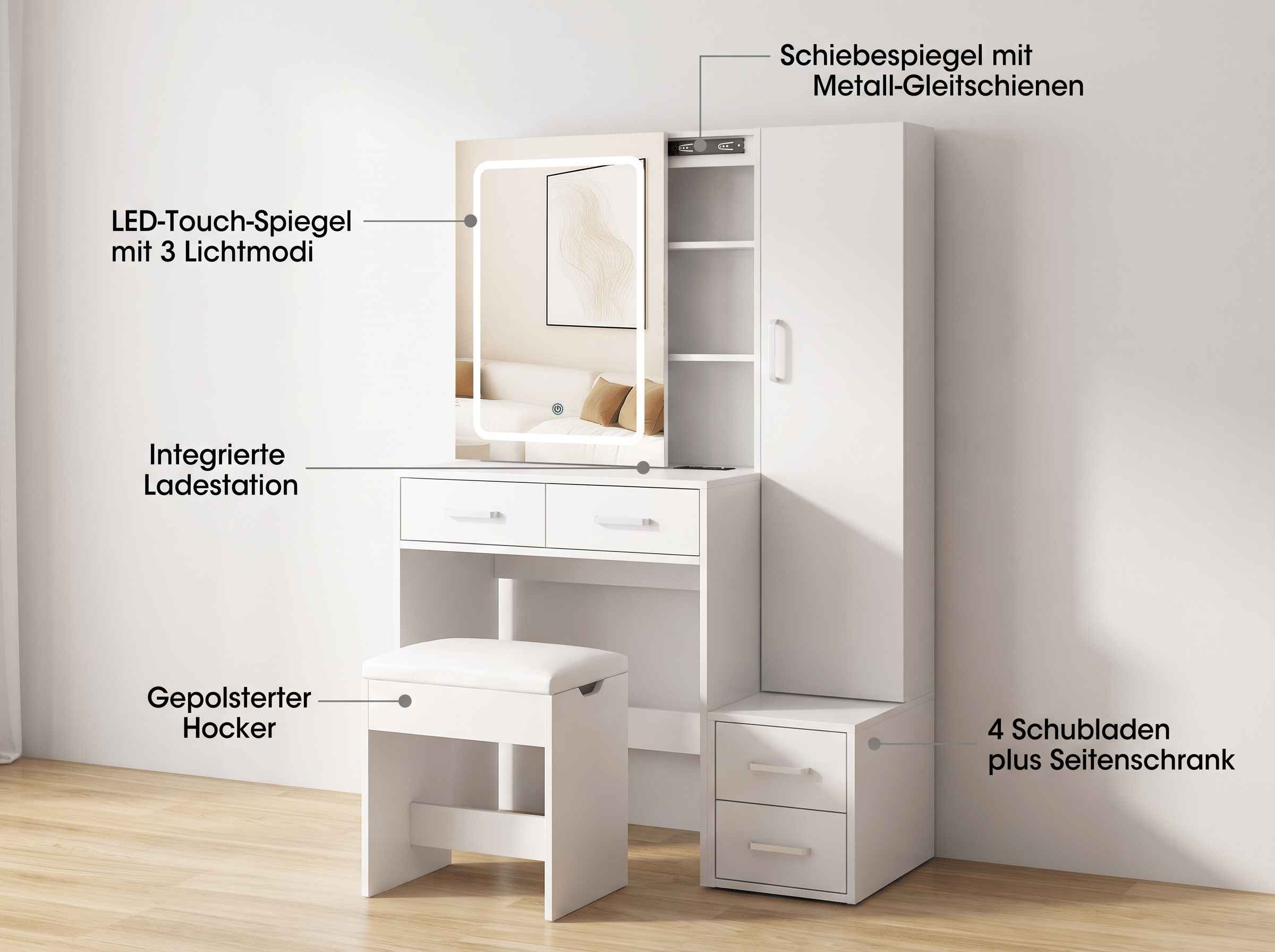 Weisser Schminktisch mit LED-Touch-Spiegel, Schiebemechanismus, integrierter Ladestation, Schubladen und Hocker.
