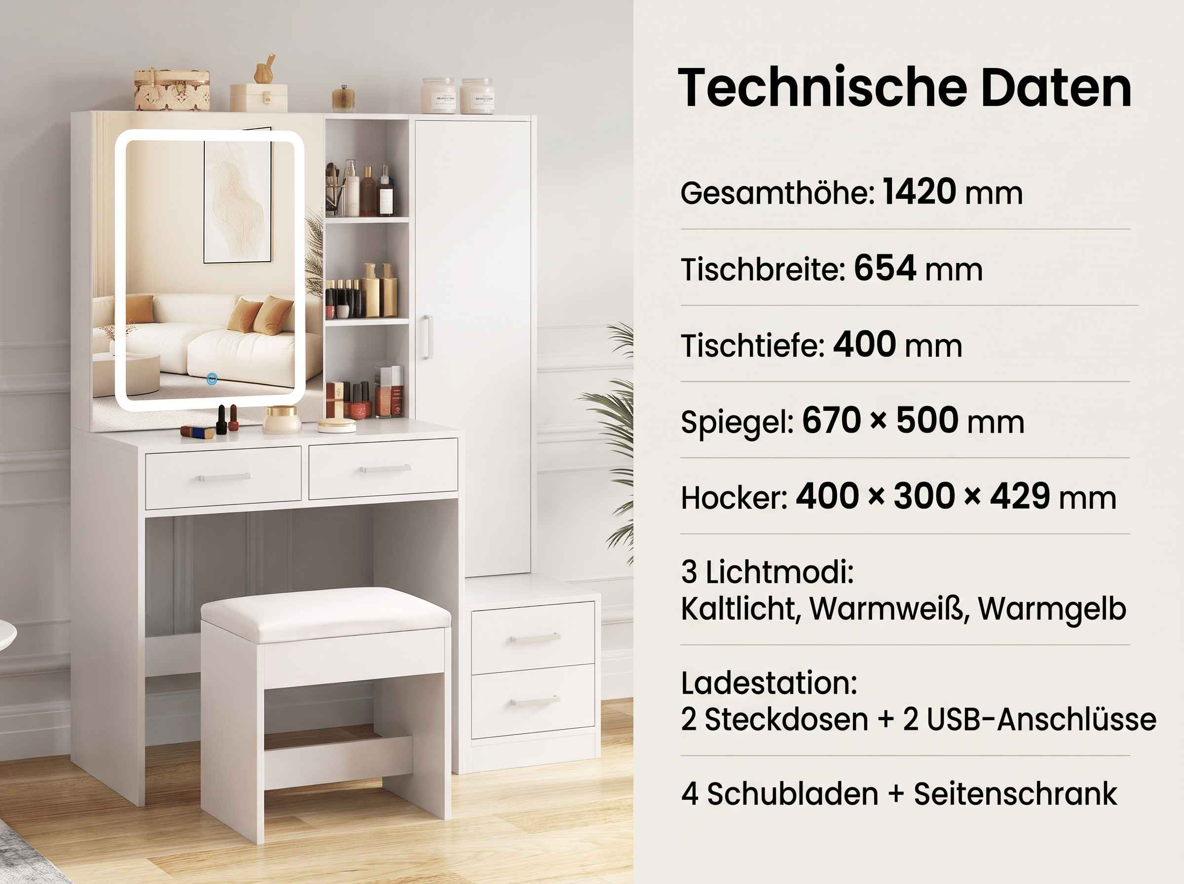 Weisser Schminktisch mit Leuchtspiegel, passendem Hocker, Schubladen, Regalen und technischen Daten.