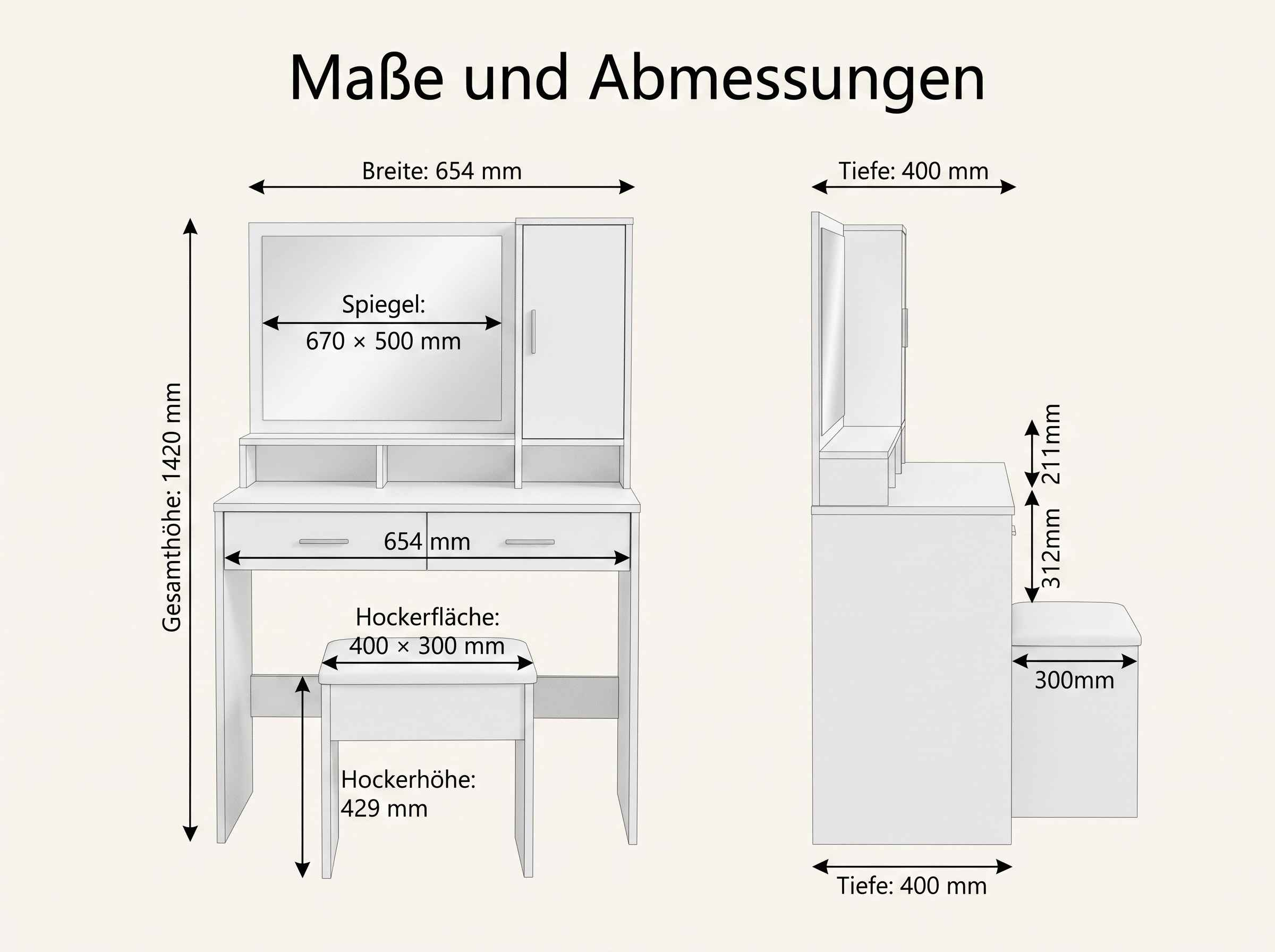 Diagramm mit Maßangaben einer Frisierkommode mit Spiegel und Hocker aus verschiedenen Ansichten.