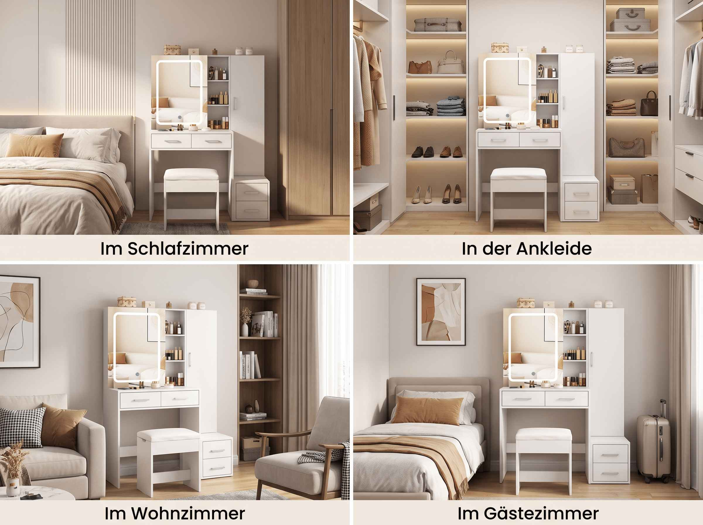 Vier Bilder zeigen dieselbe weiße Schminktischkombination in Schlafzimmer, Ankleide, Wohnzimmer und Gästezimmer.