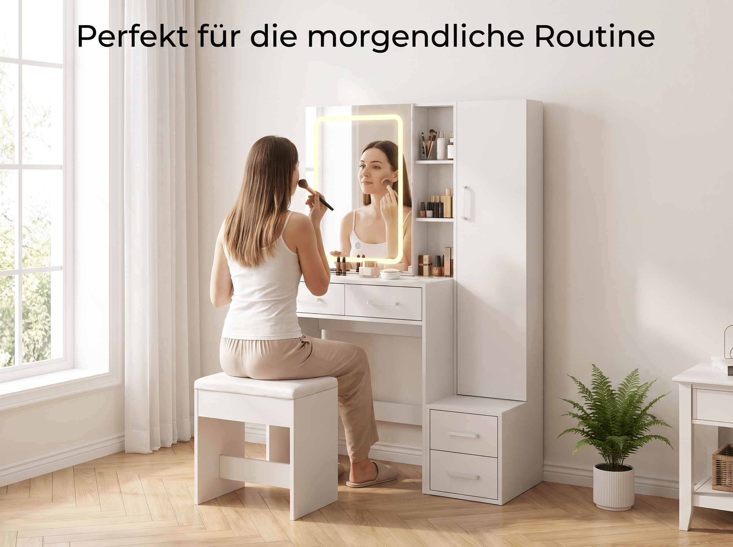 Eine Frau sitzt an einem weiß beleuchteten Schminktisch und schminkt sich, mit passendem Hocker und Schrank.