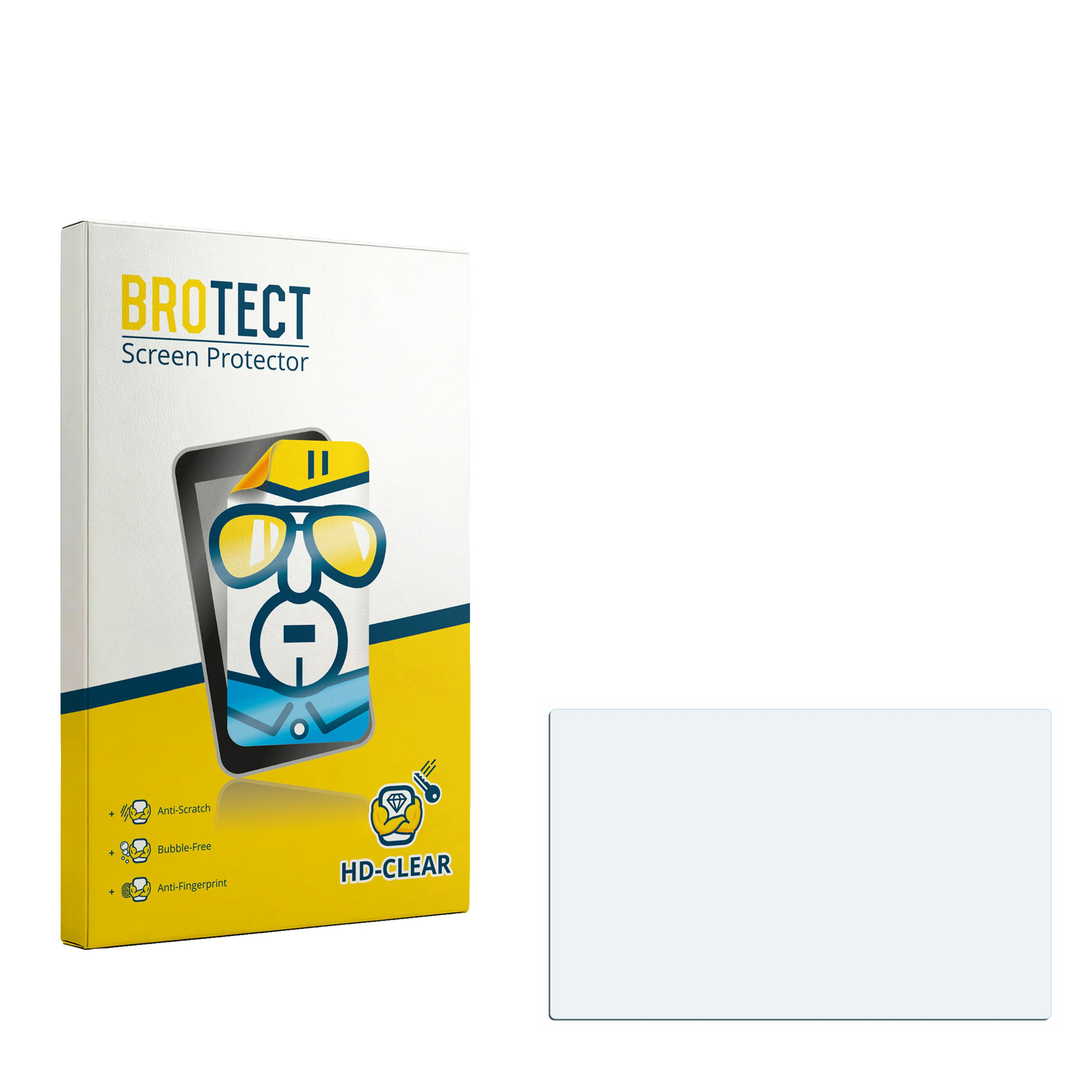 BROTECT Displayschutzfolie Verpackung in Weiß und Gelb mit Maskottchen, neben einer transparenten Schutzfolie.