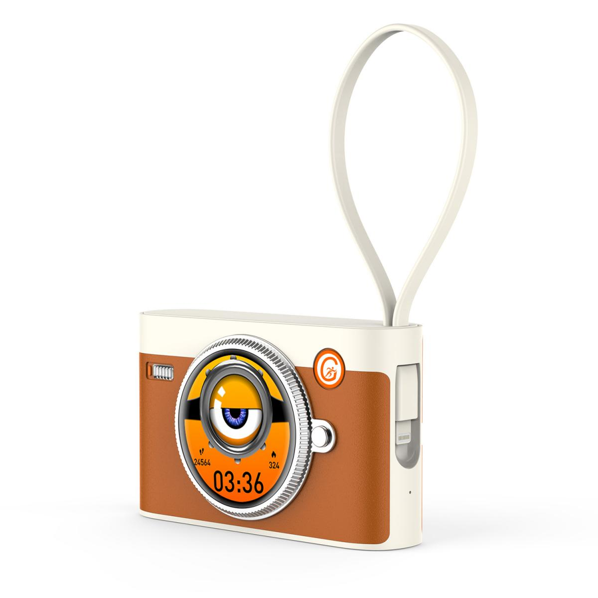 Eine braun-weiße Powerbank im Kamera-Design mit Minion-Augen-Grafik und einem langen weißen Handschlaufe.
