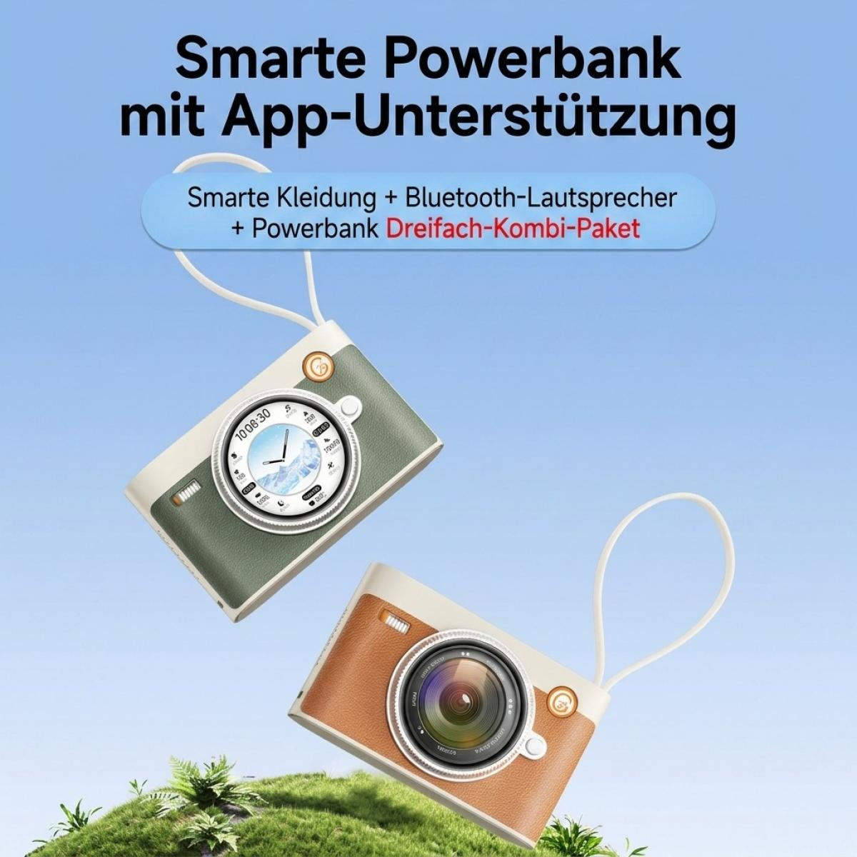 Zwei vintage-inspirierte Powerbanks mit Schlaufe auf grünem Rasen vor blauem Himmel, deutscher Werbetext oben.