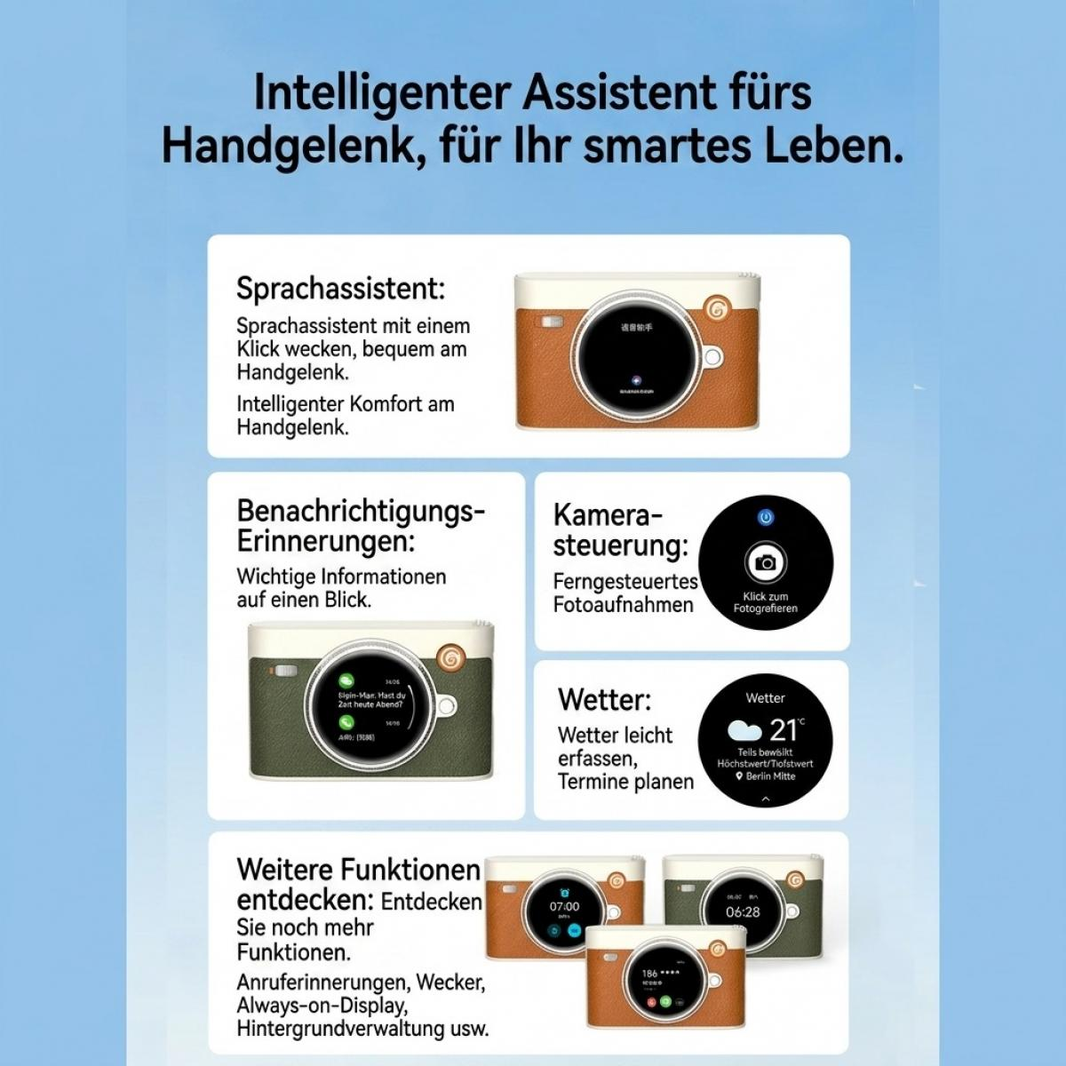 Produktgrafik zeigt smarte Uhren mit Kamera-, Wetter- und Sprachassistenzfunktionen in verschiedenen Farben.