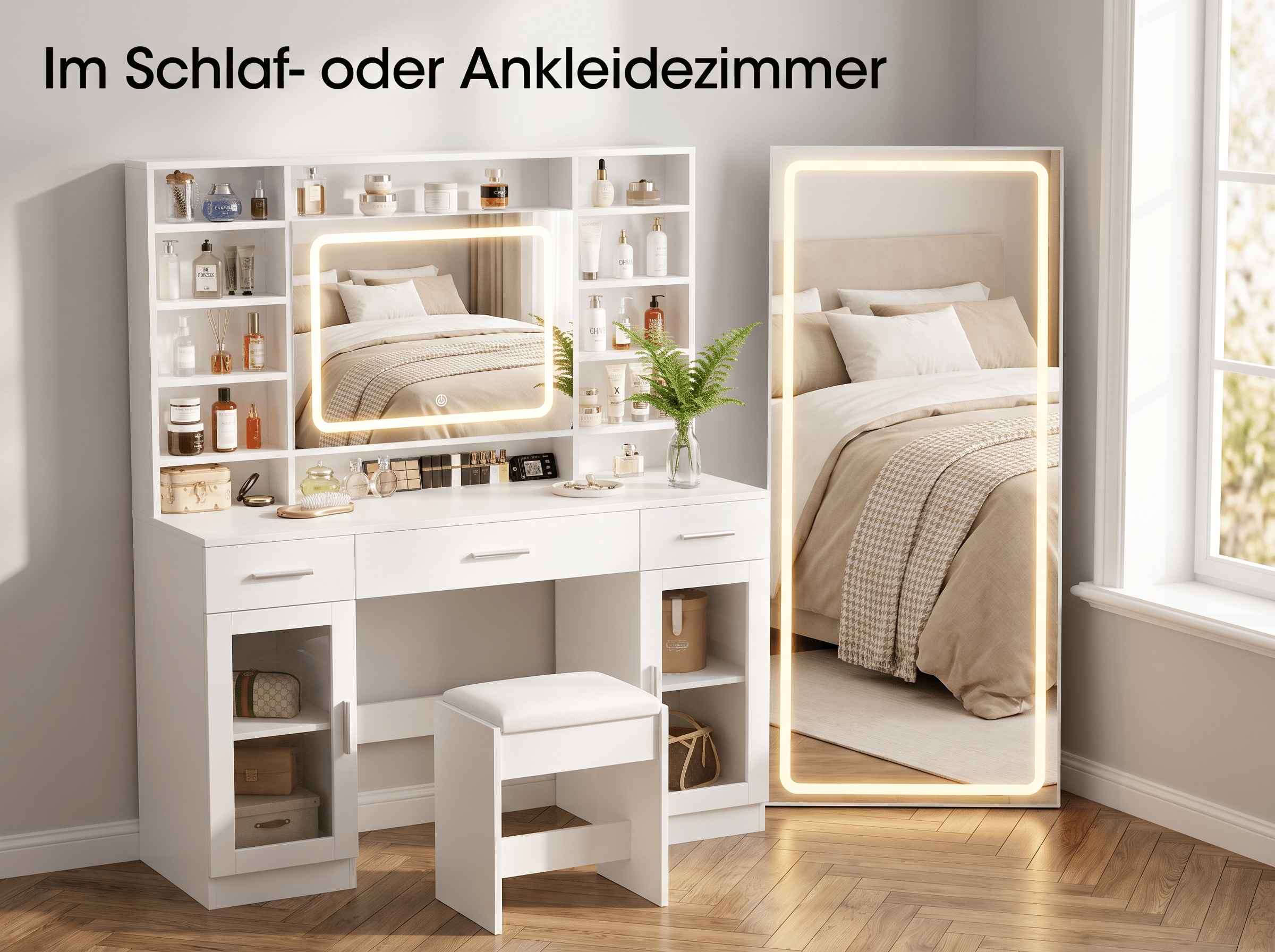 Weißer Schminktisch mit beleuchtetem Spiegel, Regalen, Hocker und großem Standspiegel im Schlafzimmer.
