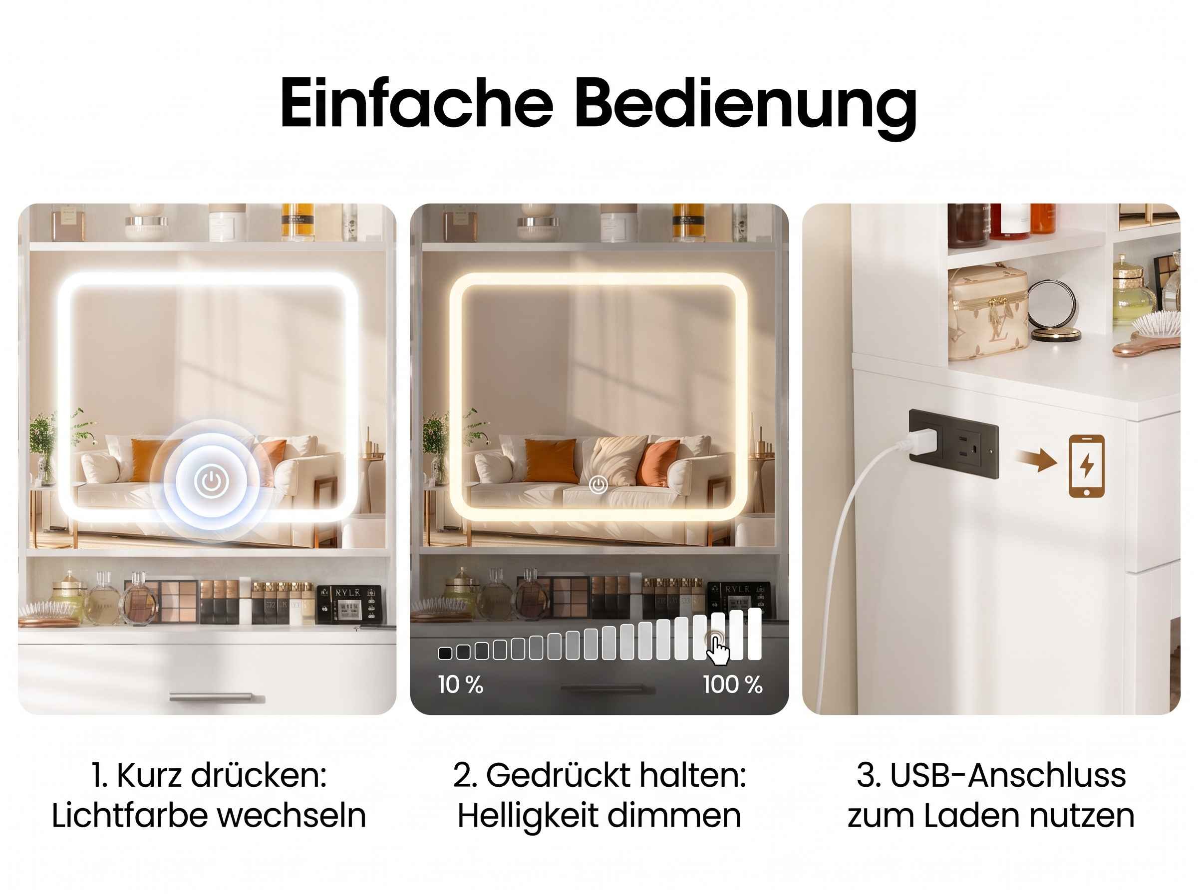 Anleitungsbilder zur Bedienung eines beleuchteten Spiegels und einer integrierten USB-Ladebuchse.