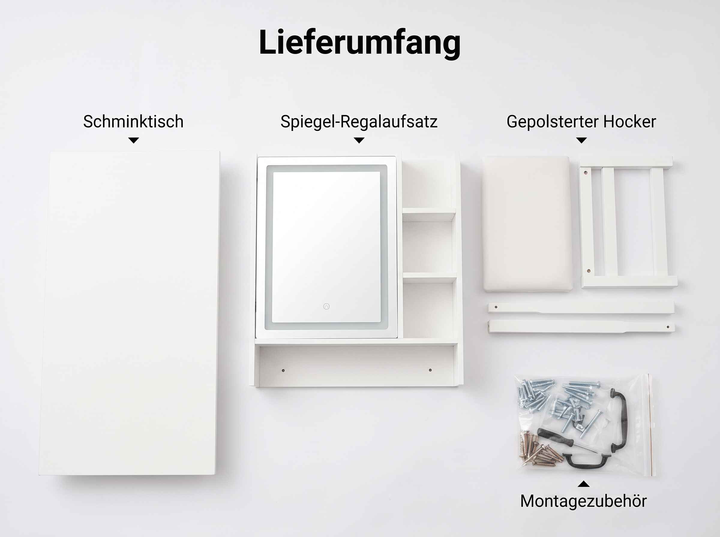 Lieferumfang: Weißer Schminktisch, Spiegelaufsatz mit Regalen, gepolsterter Hocker und Montagematerial.