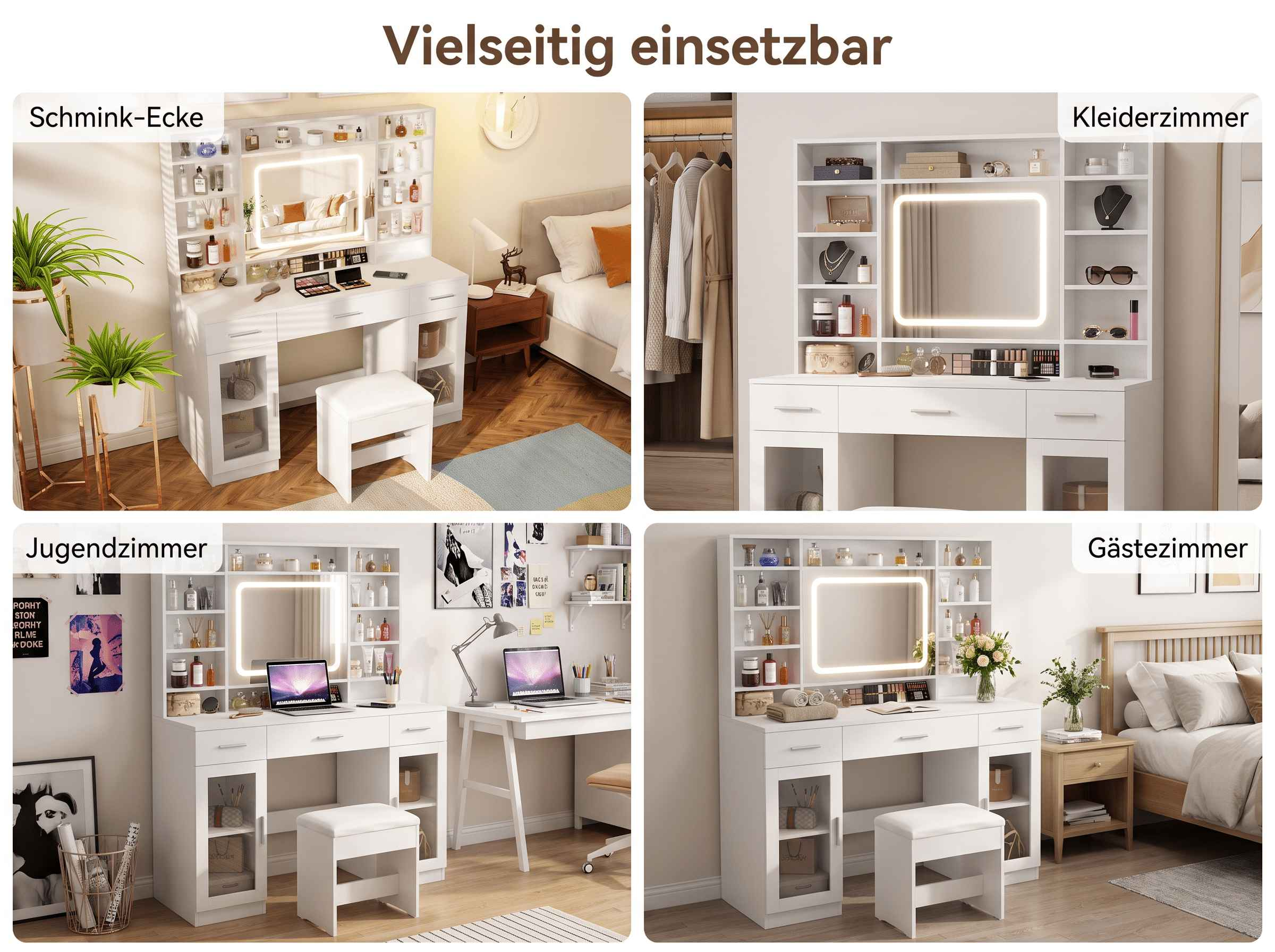 Vielseitiger weißer Schminktisch in verschiedenen Raumdesigns wie Schlaf- und Jugendzimmer.