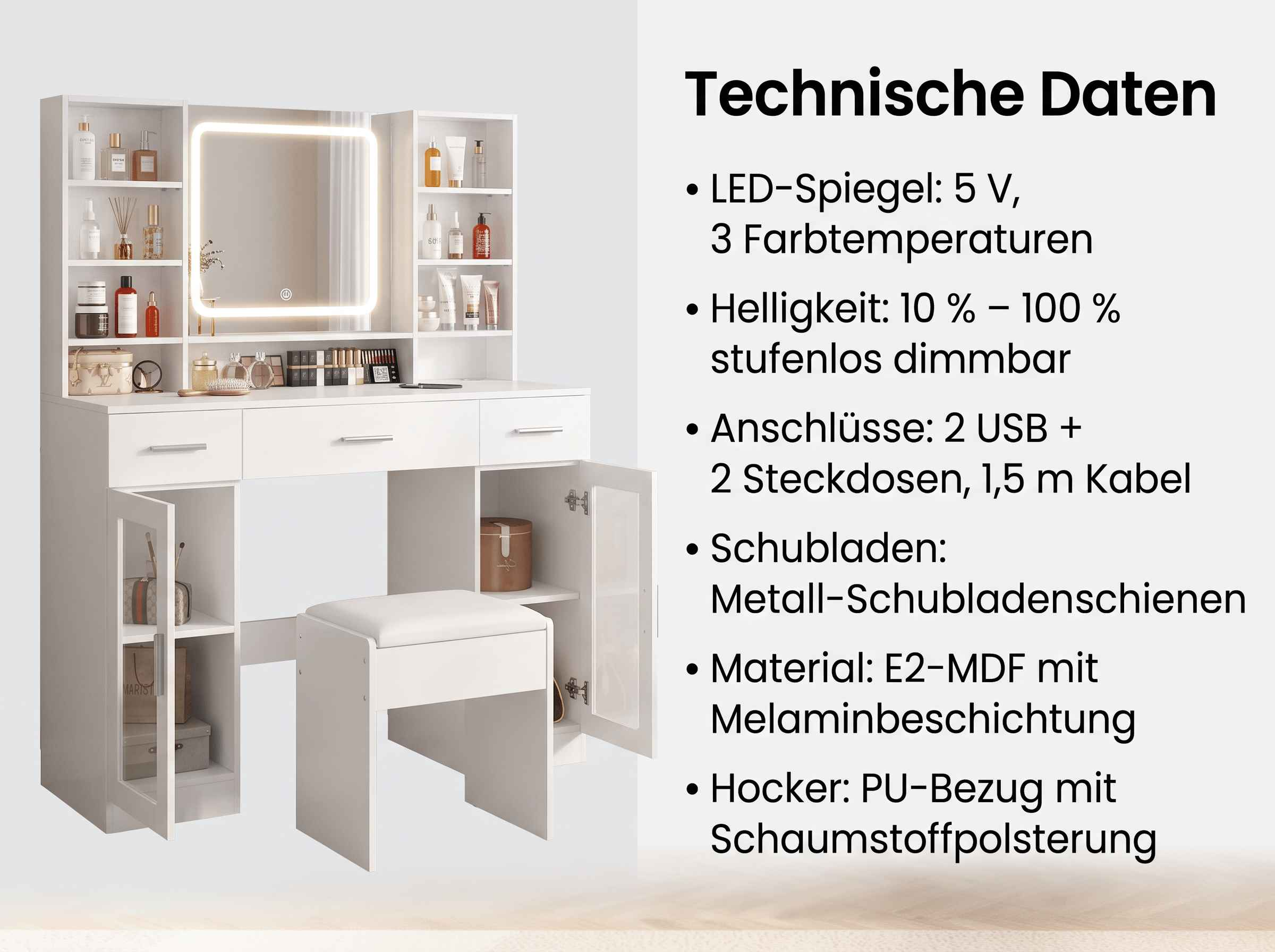 Weißer Schminktisch mit Leuchtspiegel, Ablagen, Schubladen, passendem Hocker und technischen Daten.