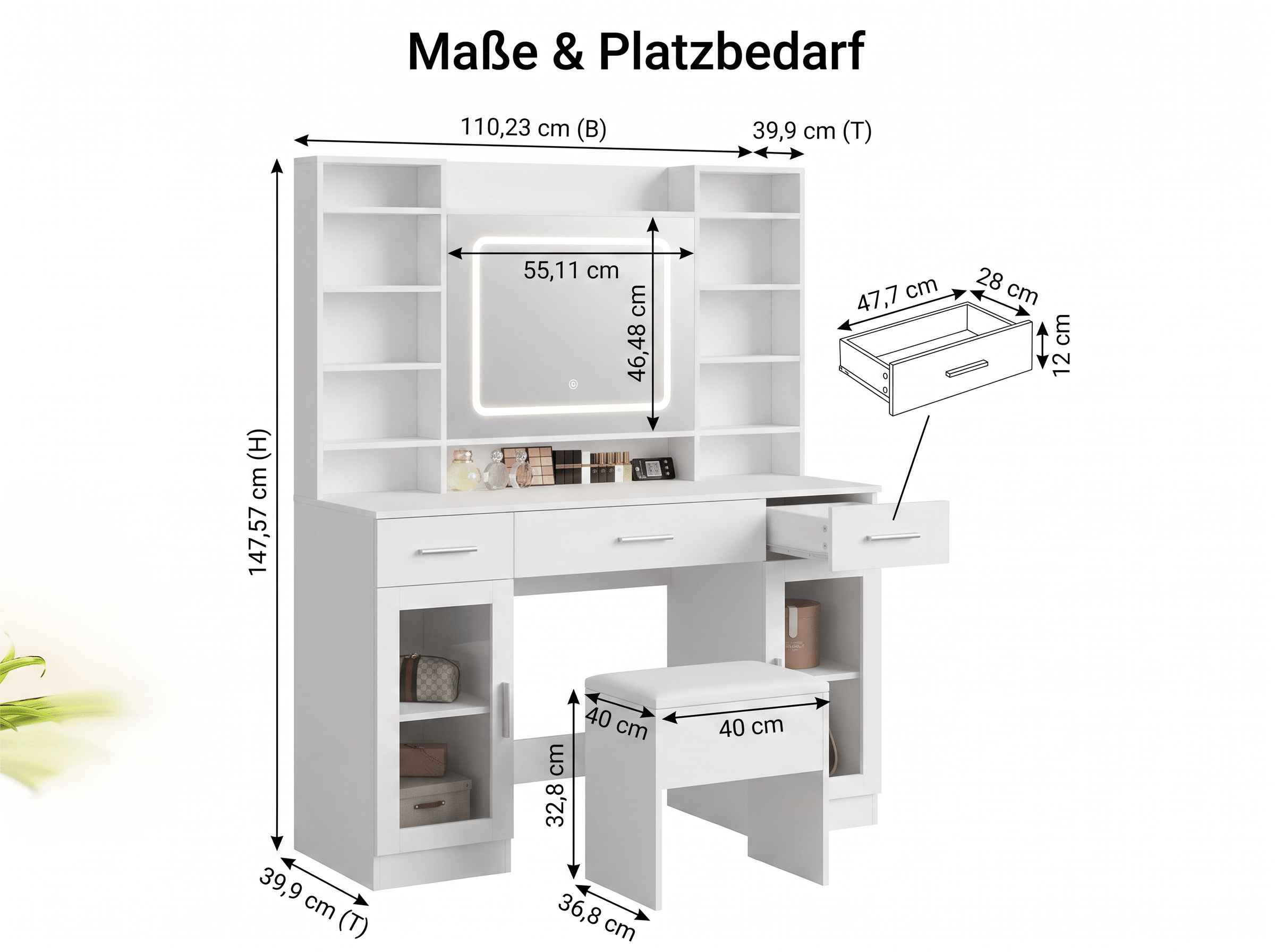 Weißer Schminktisch mit beleuchtetem Spiegel, Regalen, Schubladen und passendem Hocker inklusive Maßangaben.