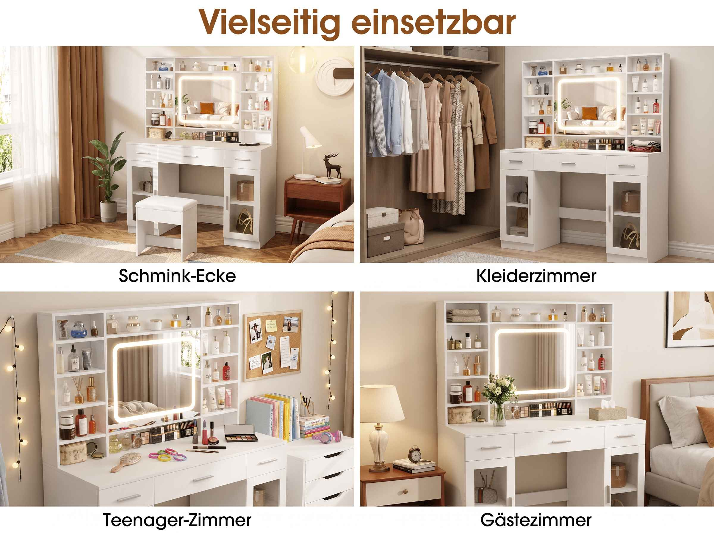 Vier Bilder zeigen eine weiße Schminktisch in verschiedenen Zimmern wie Schlafzimmer, Ankleidezimmer und Gästezimmer.