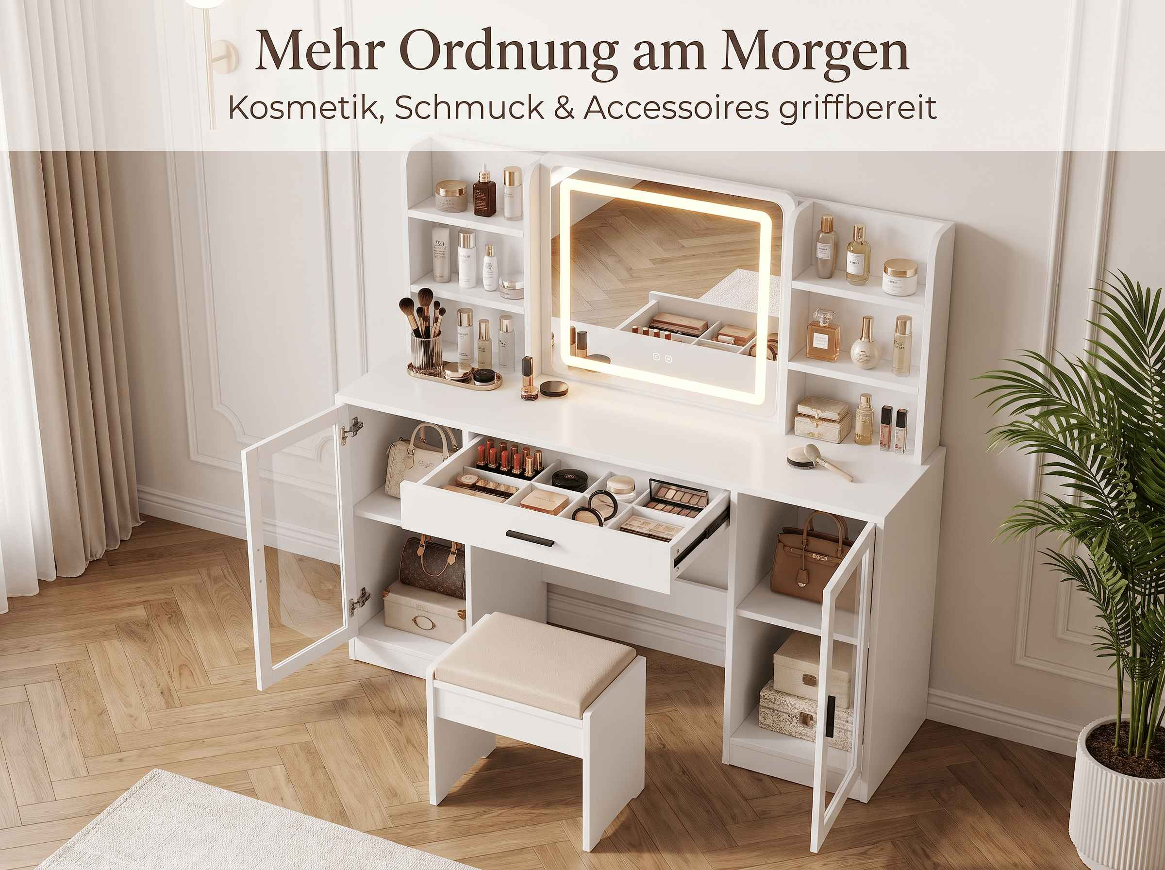 Weißer Schminktisch mit beleuchtetem Spiegel, offenen Regalen, Schubladen und passendem Hocker in einem Raum.