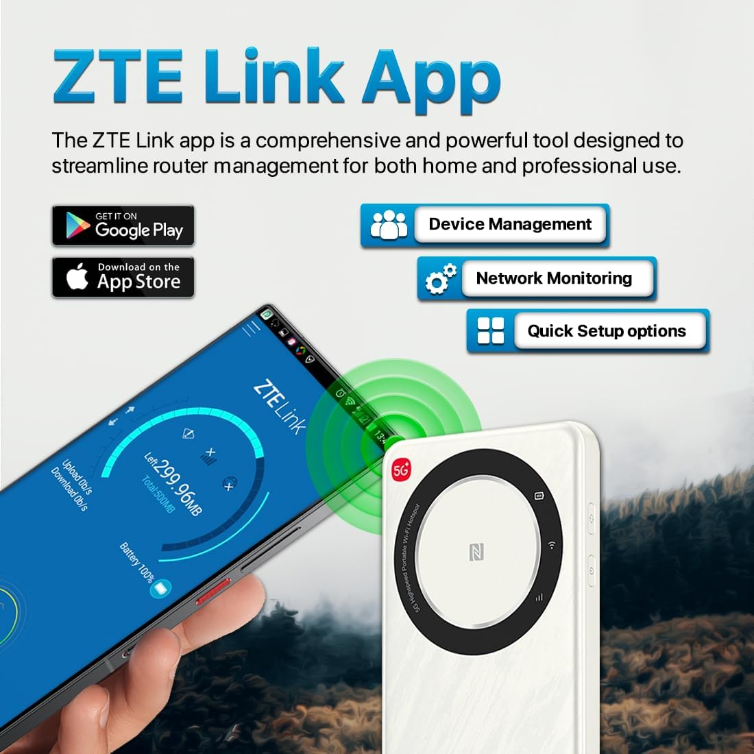 Reklama aplikacji ZTE Link przedstawiająca funkcje zarządzania routerem na smartfonie obok białego urządzenia hotspota 5G.